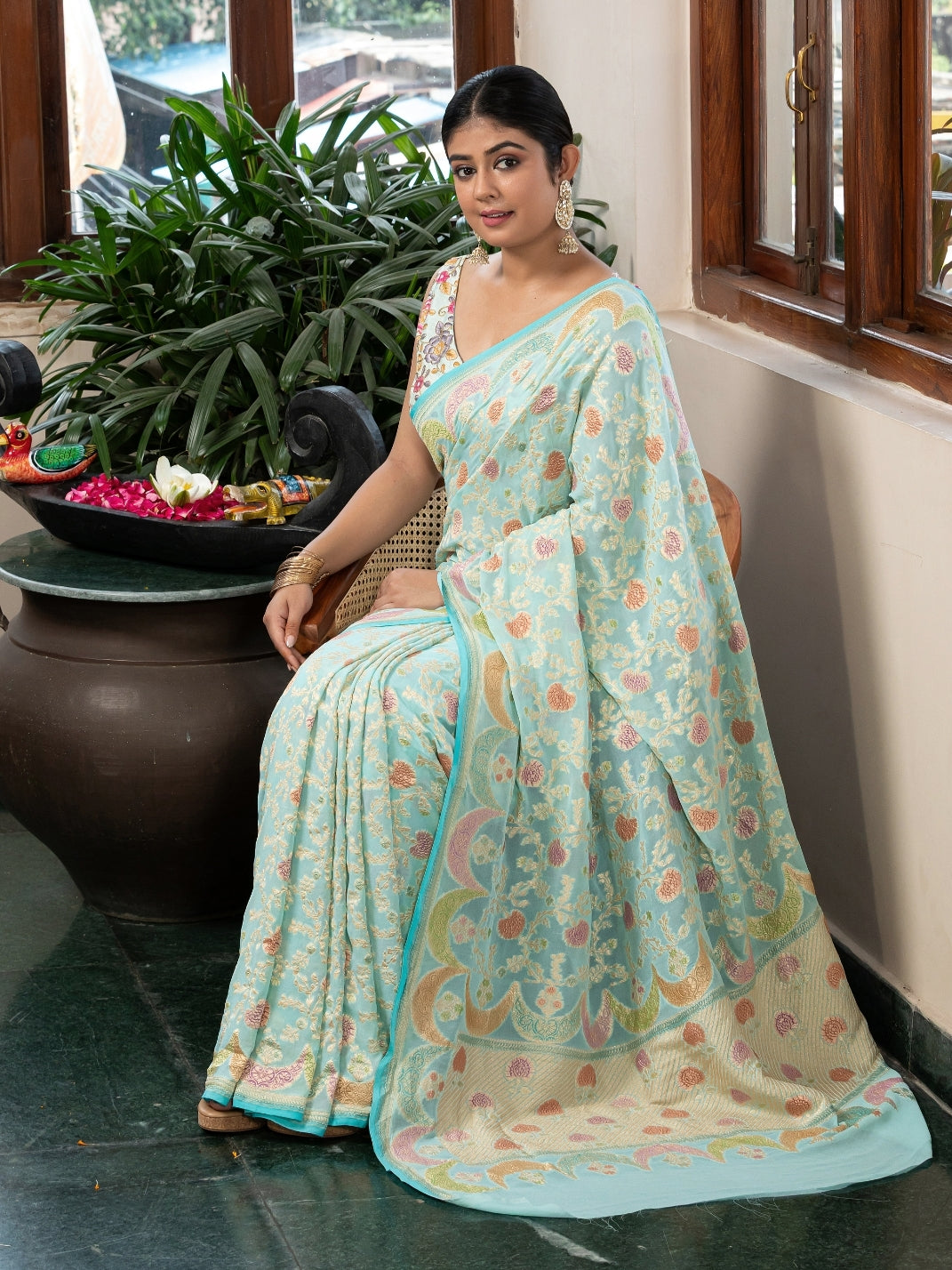 Handloom Banarasi Khaddi Pure Georgette Saree With Hand Brush Rangkaat Blue