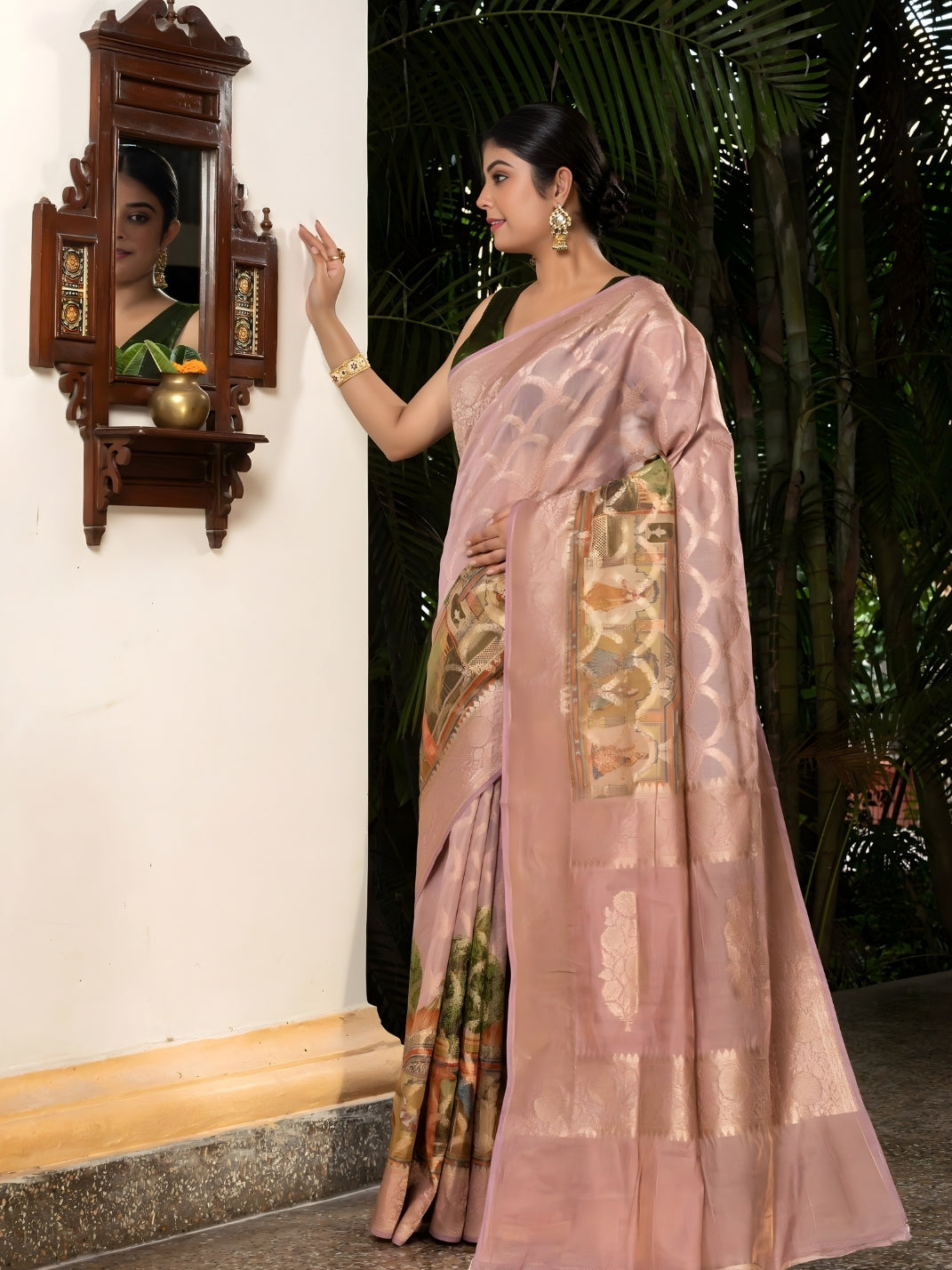 Pichuwai Print On Handloom Banarasi Cottan Silk-Purple