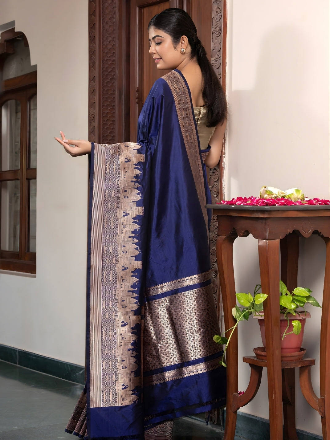 Handloom Banarasi Ghaat Border In Pure Katan Silk Blue