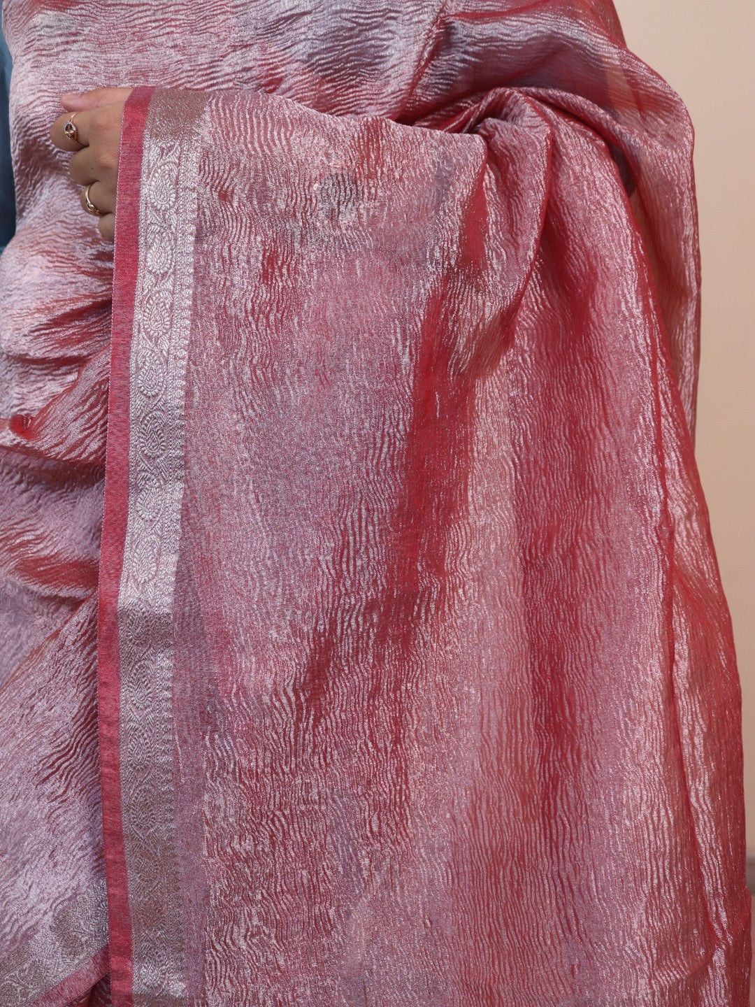 Crush Tissue With Thin Banarasi Border - Red