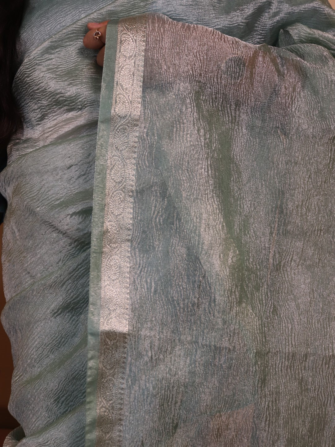 Crush Tissue With Thin Banarasi Border - Blue