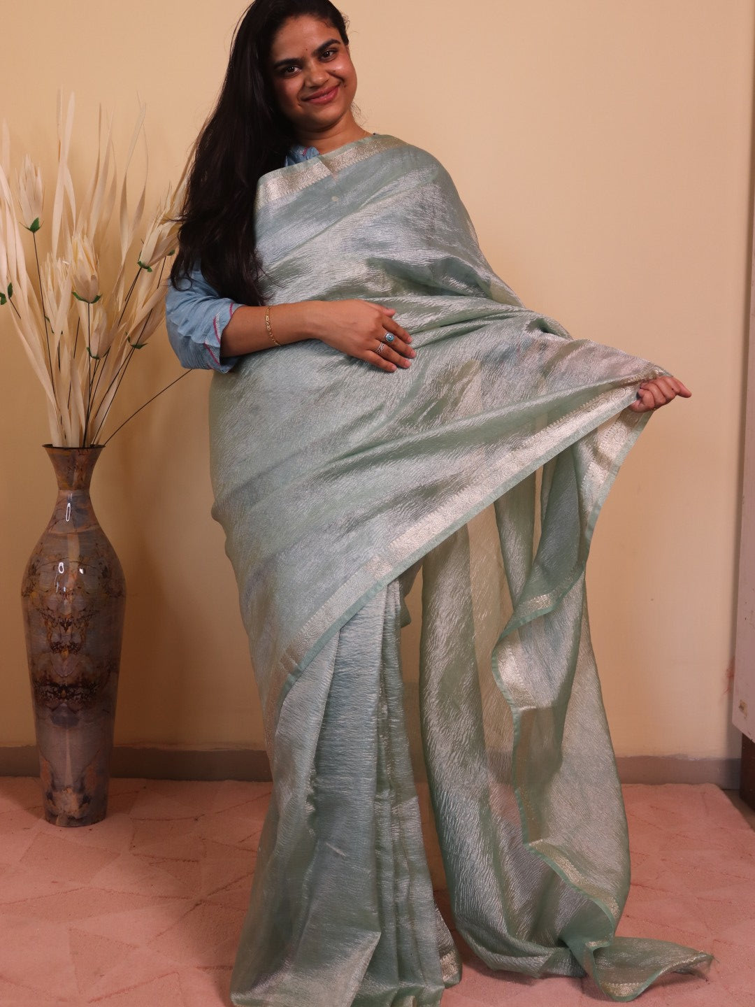 Crush Tissue With Thin Banarasi Border - Blue