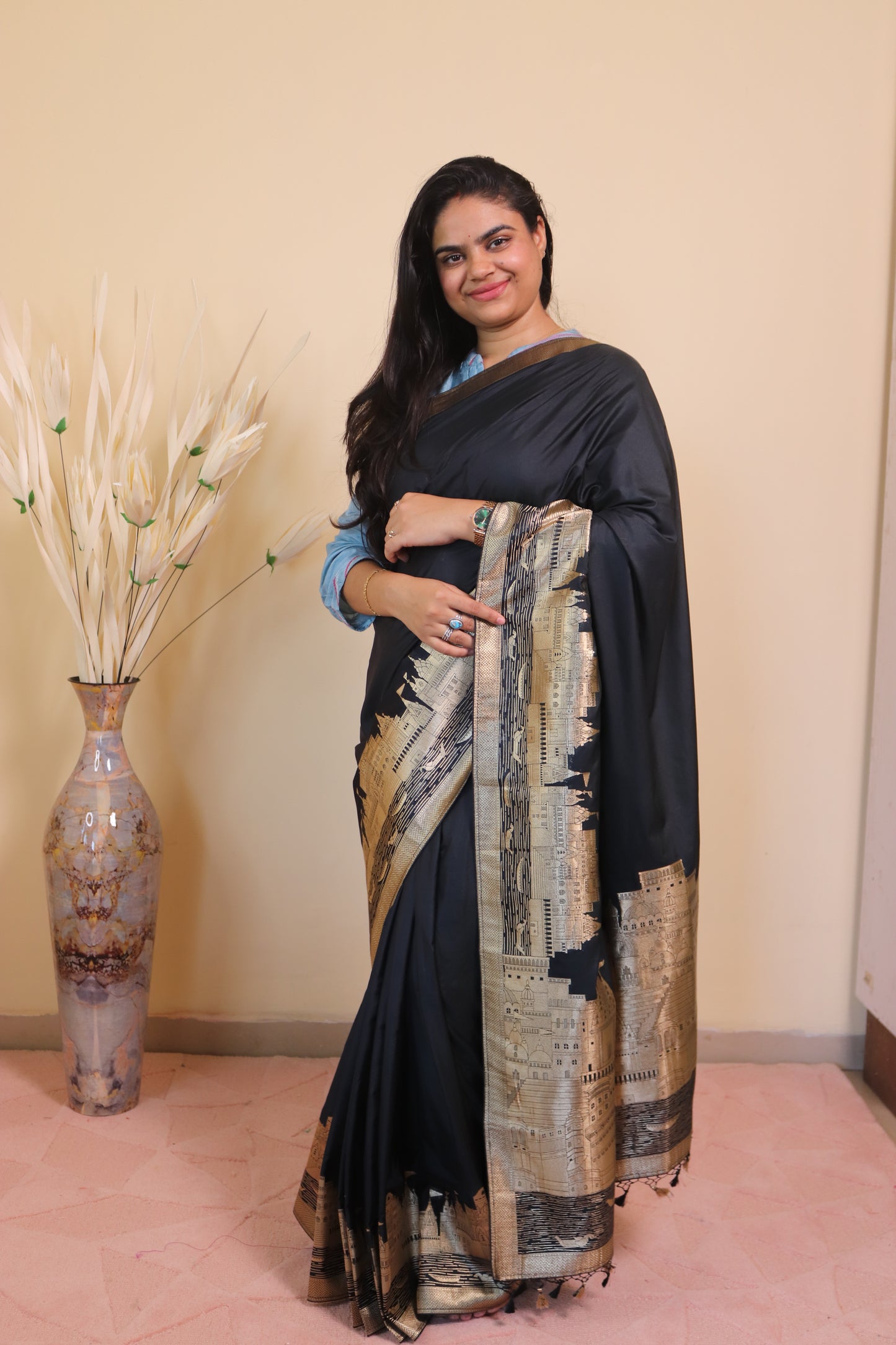 Banarasi Silk Weaved In Ghaat Border - Black
