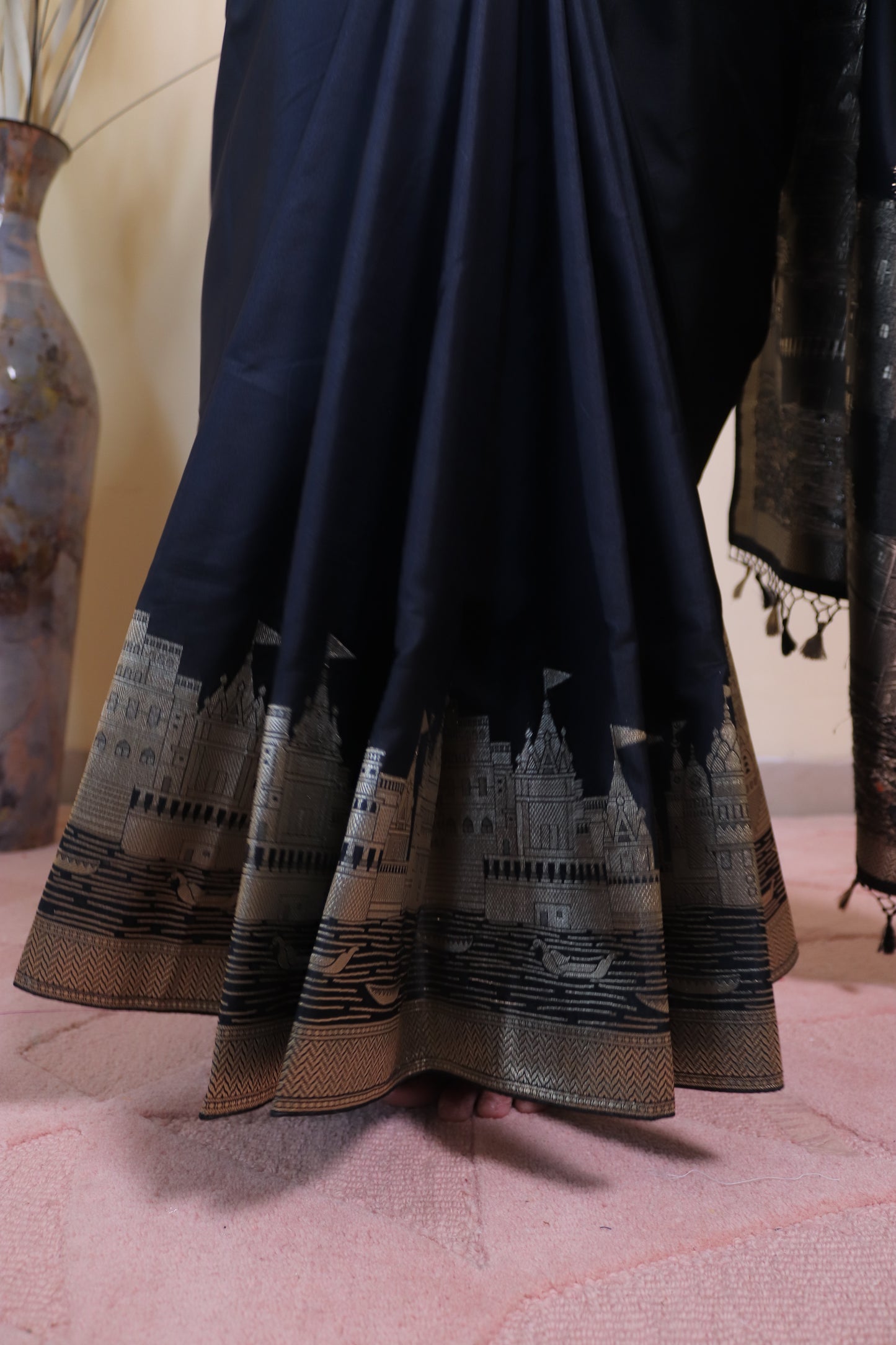 Banarasi Silk Weaved In Ghaat Border - Black