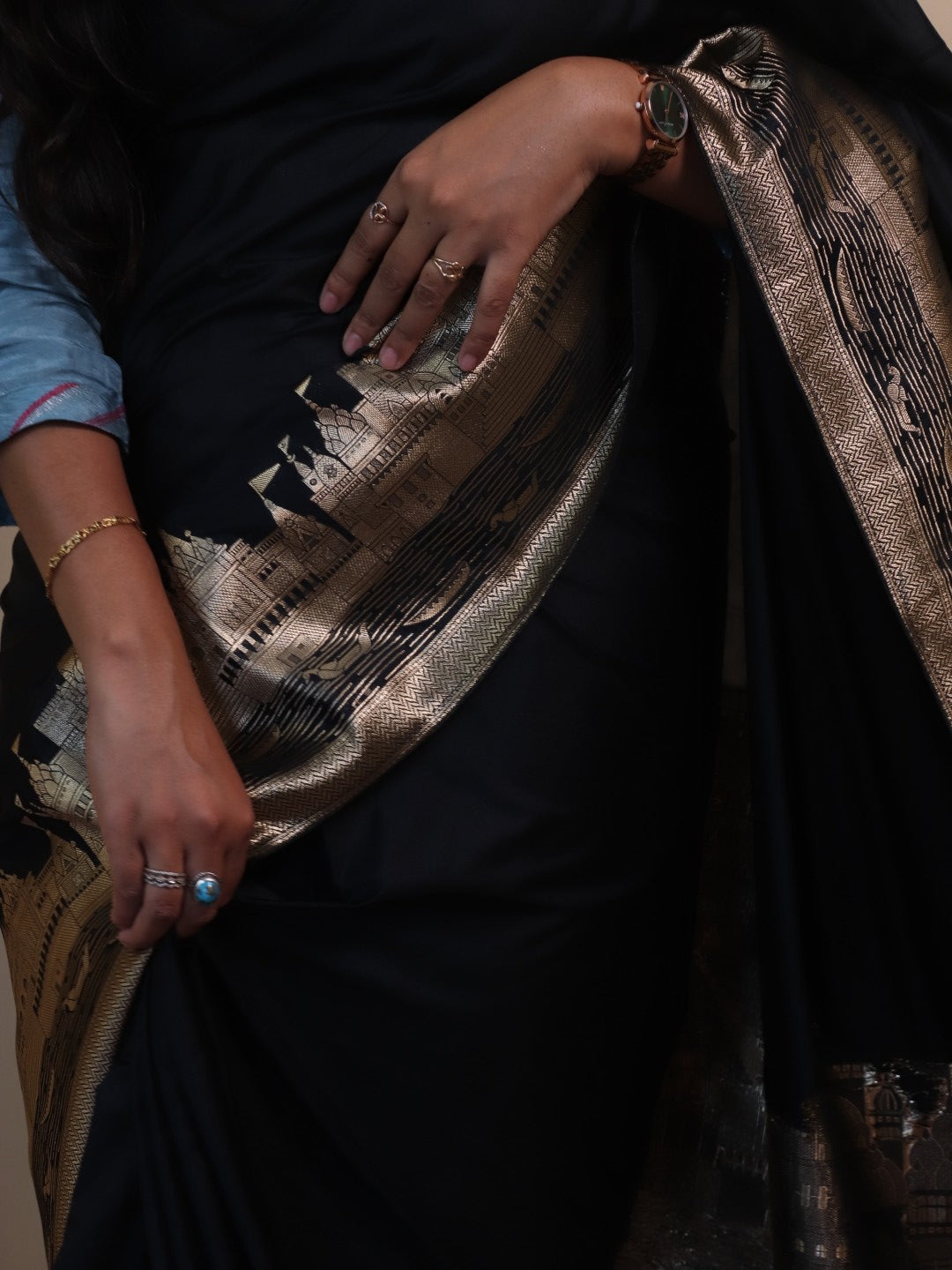 Banarasi Silk With Ghaat Border - Black