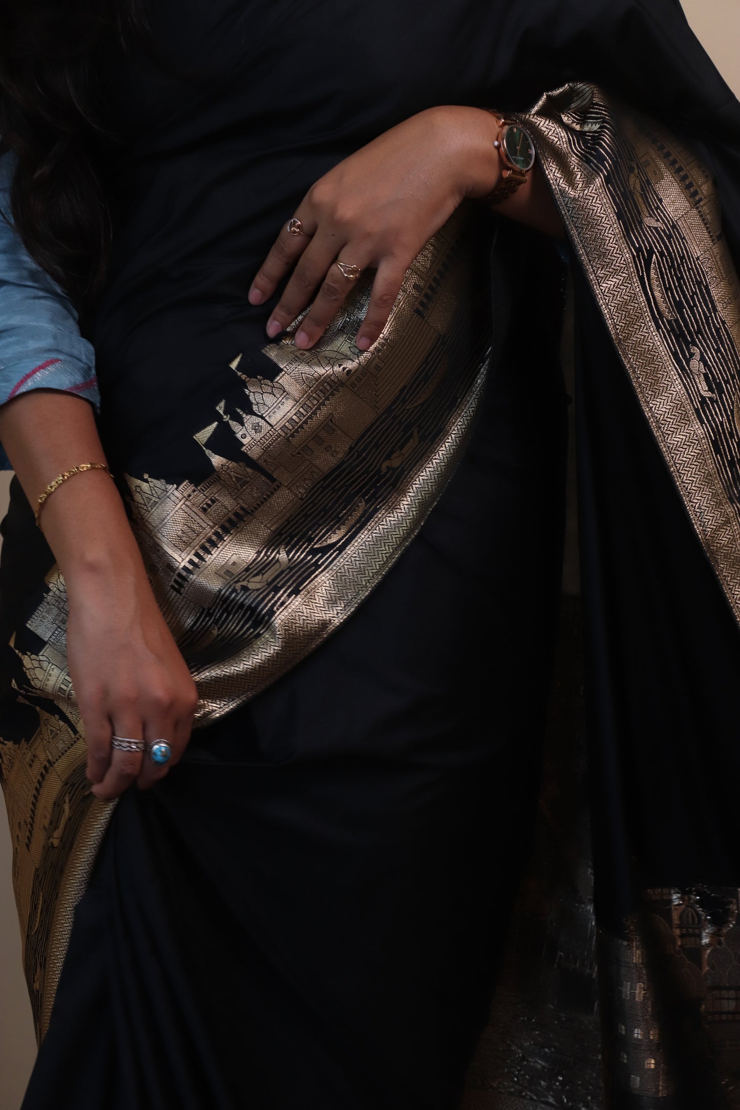 Banarasi Silk Weaved In Ghaat Border - Black