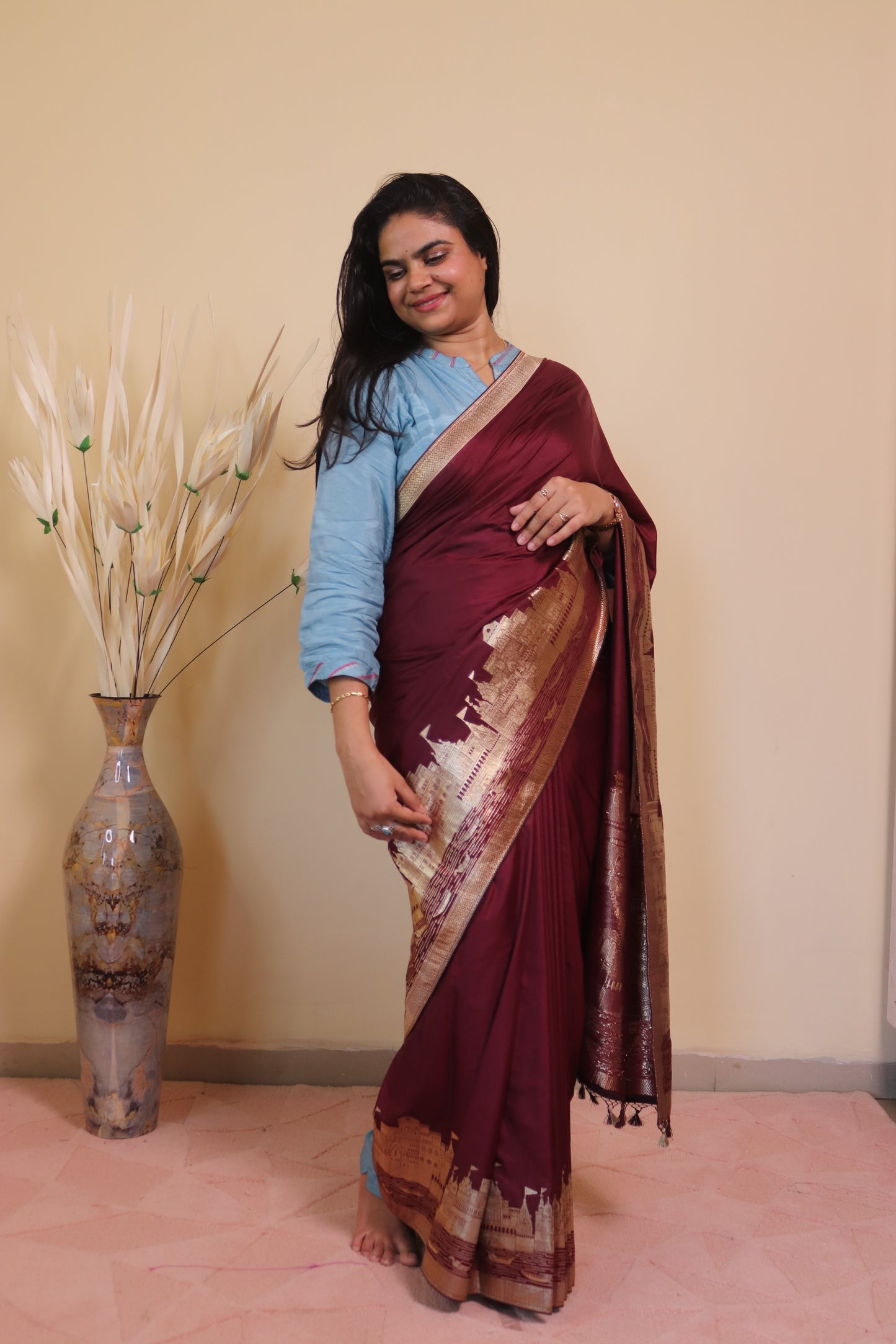 Banarasi Silk Weaved In Ghaat Border - Brown