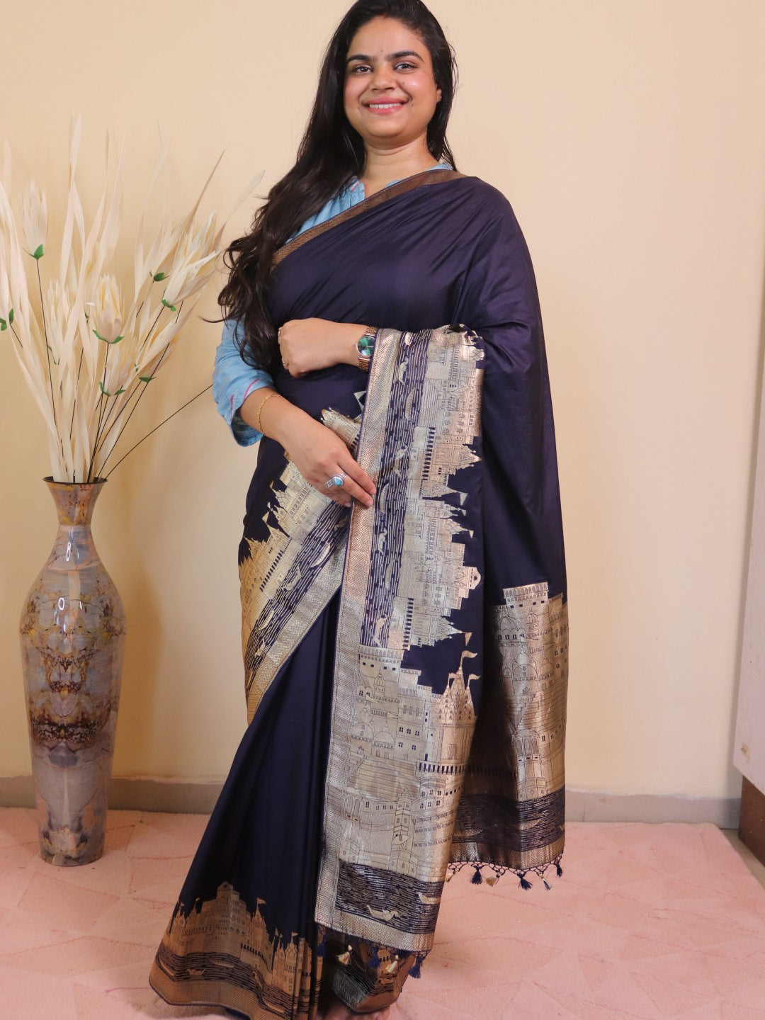 Banarasi Silk With Ghaat Border -blue