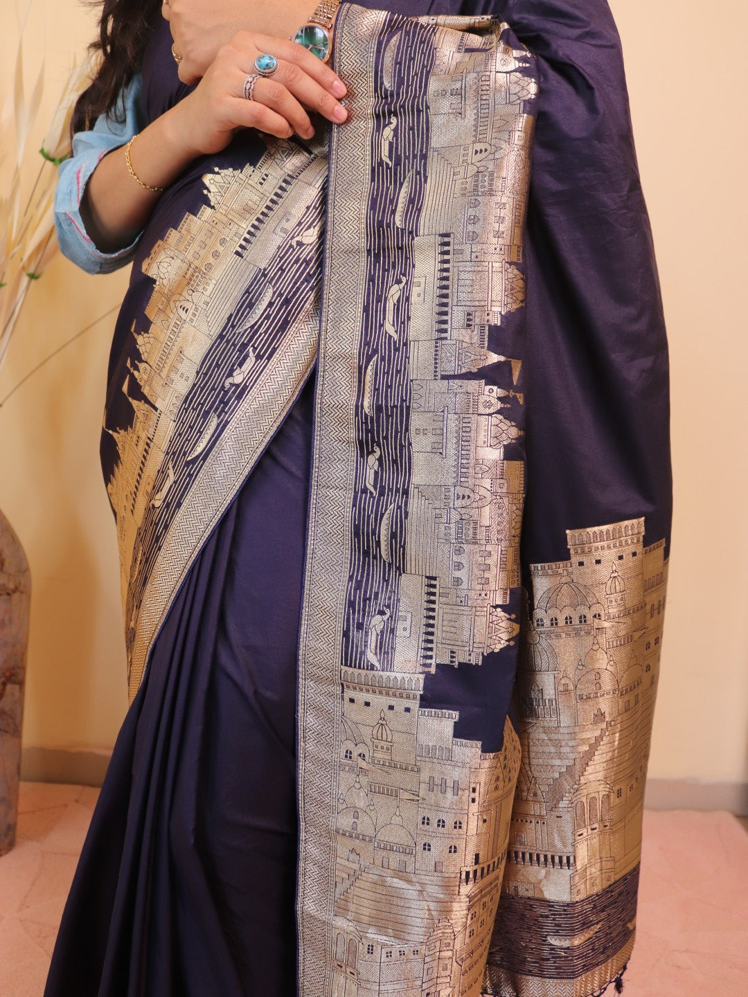 Banarasi Silk With Ghaat Border -blue