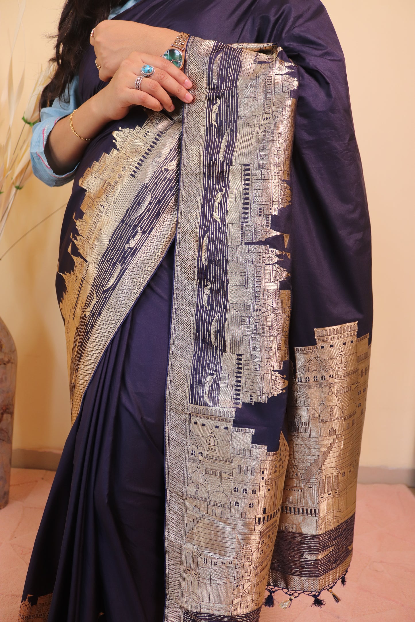 Banarasi Silk Weaved In Ghaat Border - Blue