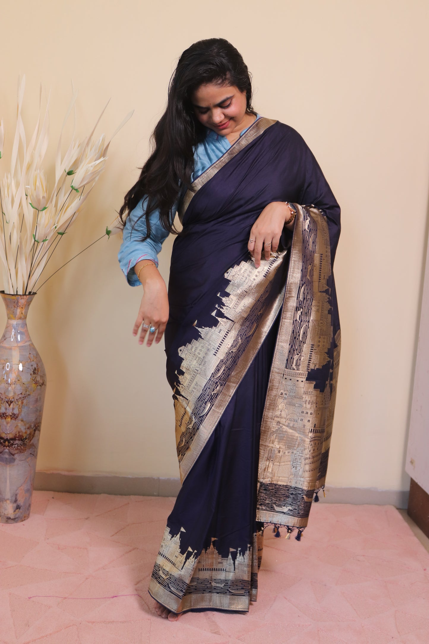 Banarasi Silk Weaved In Ghaat Border - Blue
