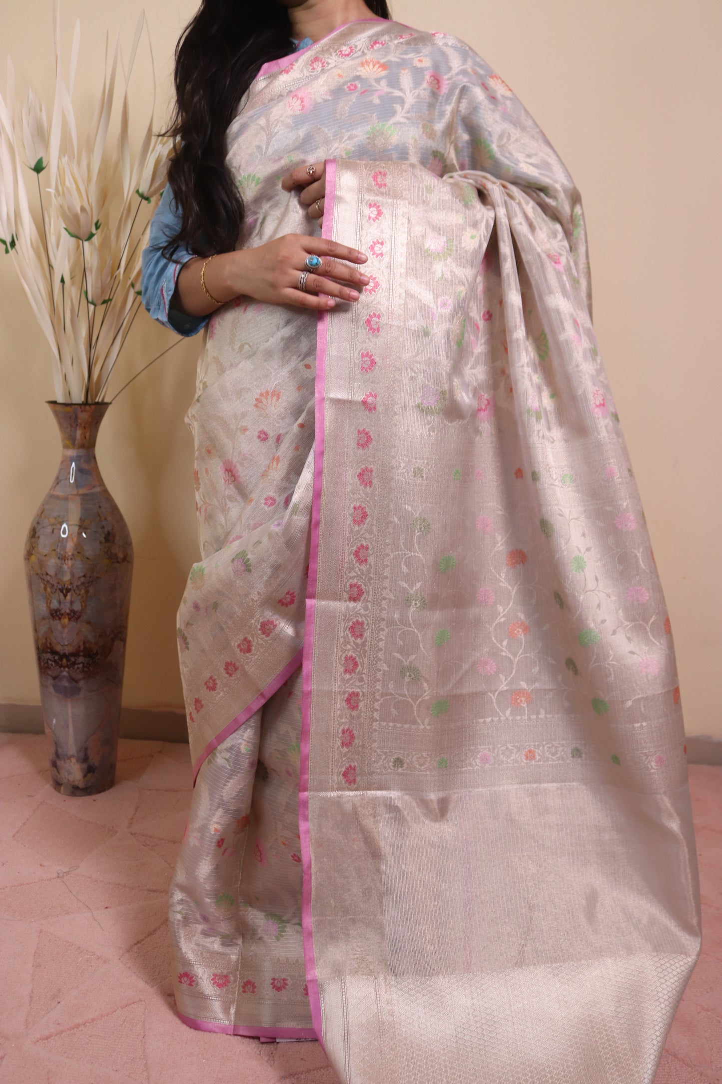 Banarasi Silk Tissue Zari Weaved In Meenakari Jaal And Border - White