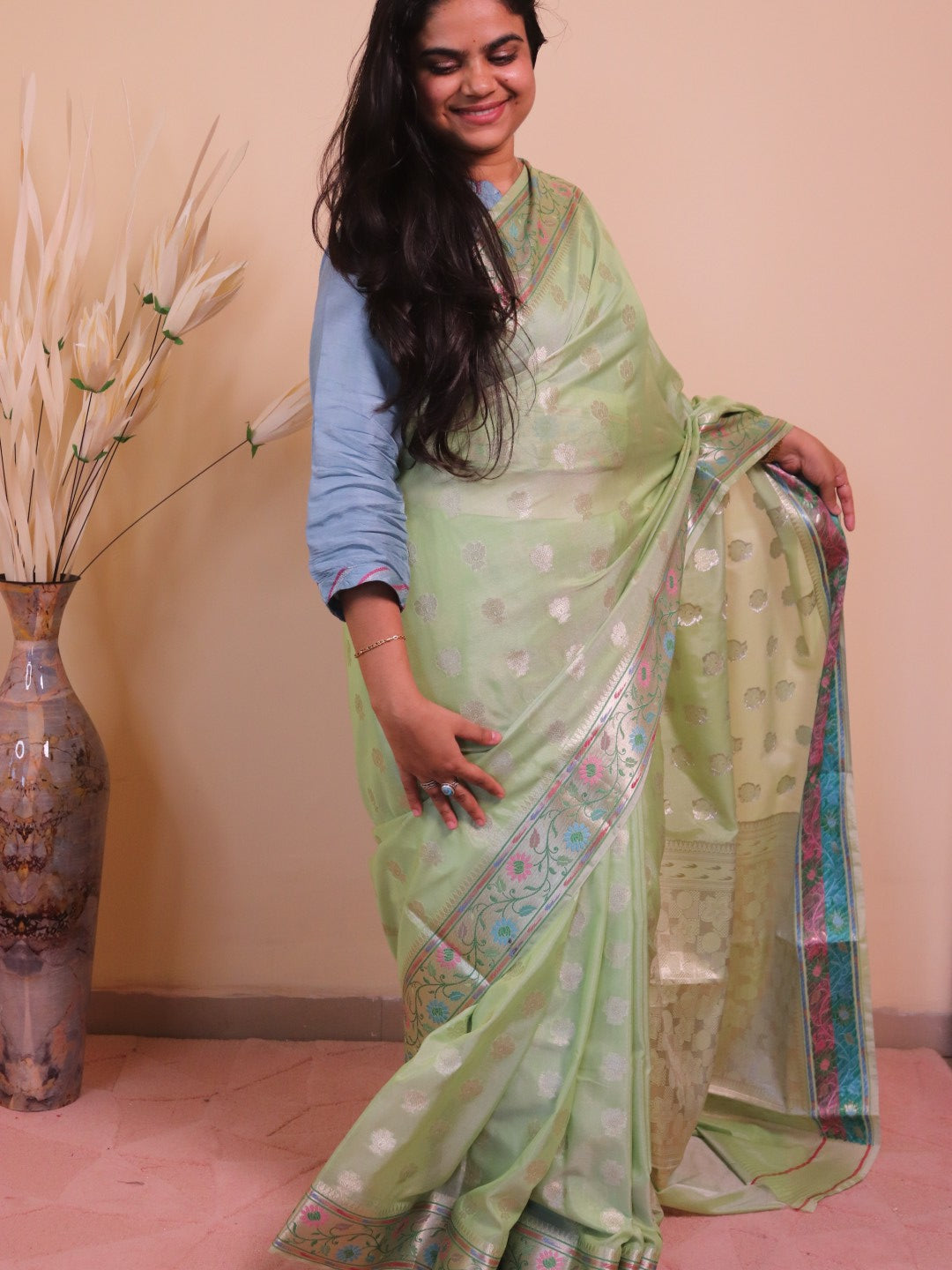 Banarasi Silk 2 Inch Buti With Paithni Border - Green