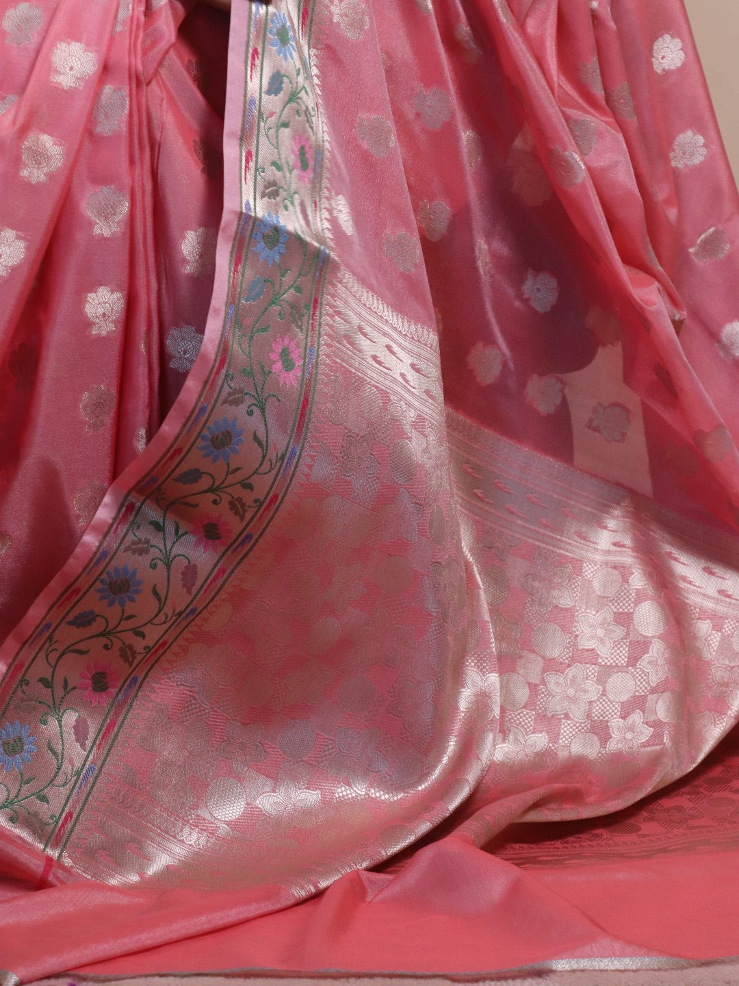 Banarasi Silk 2 Inch Buti With Paithni Border - Pink