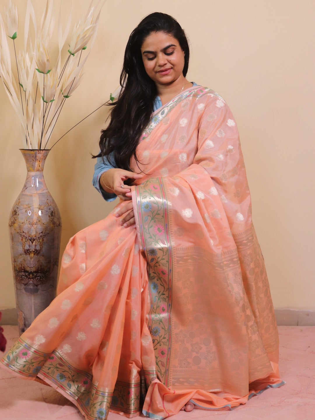 Banarasi Silk 2 Inch Buti With Paithni Border - Orange