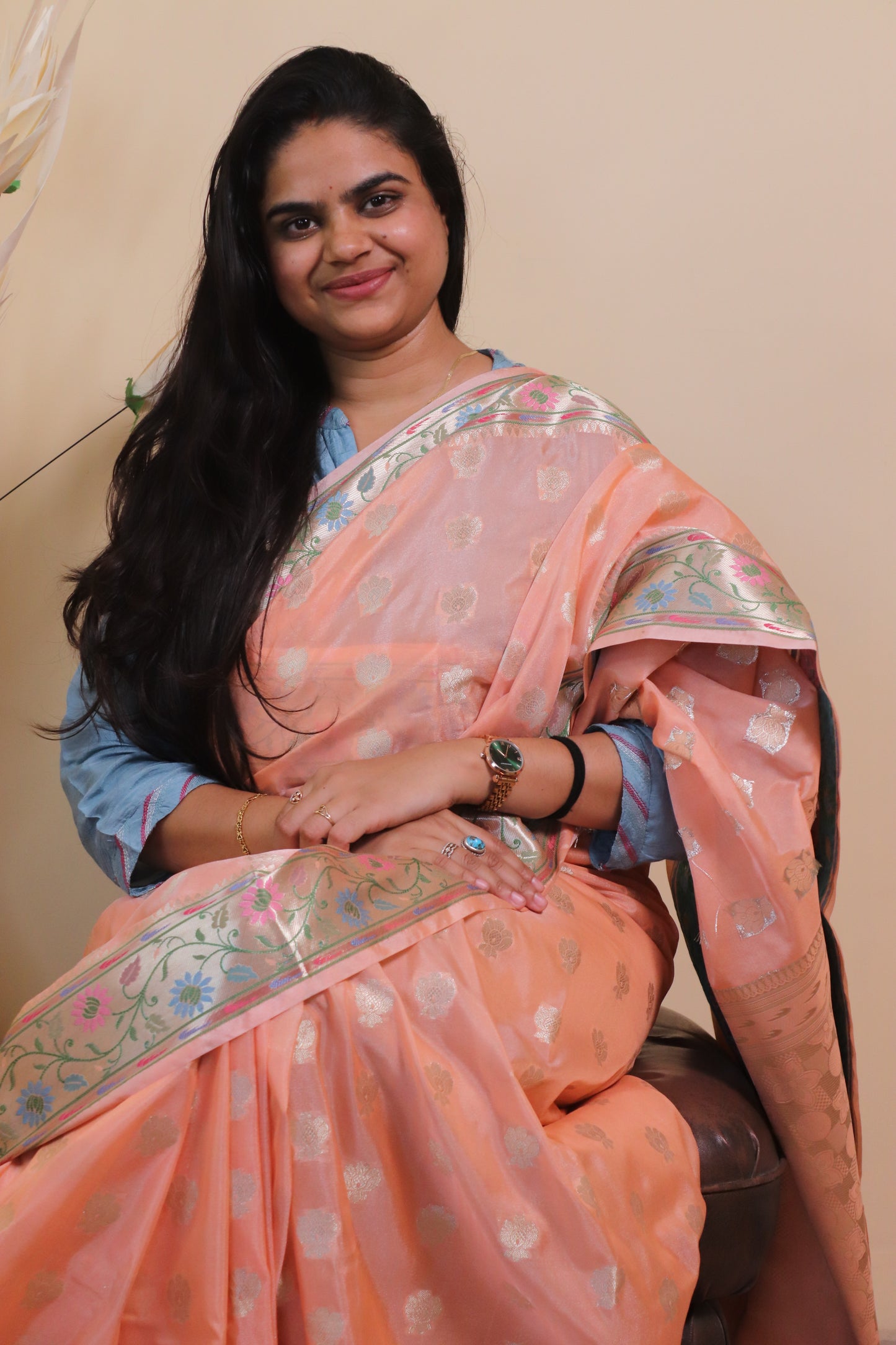 Banarasi Silk Weaved In 2 Inch Buti With Paithani Border - Peach