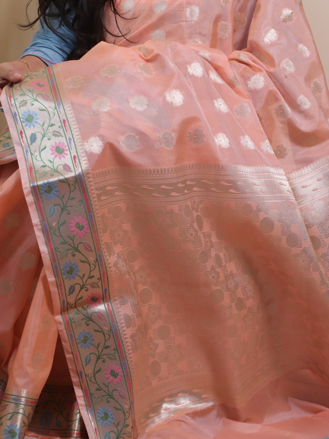Banarasi Silk 2 Inch Buti With Paithni Border - Orange