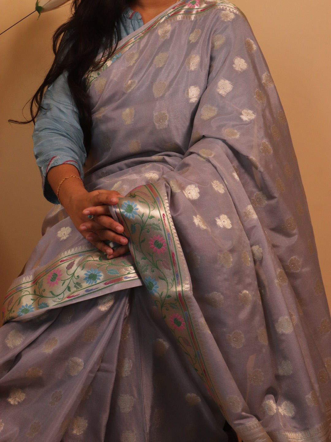 Banarasi Silk 2 Inch Buti With Paithni Border - Grey