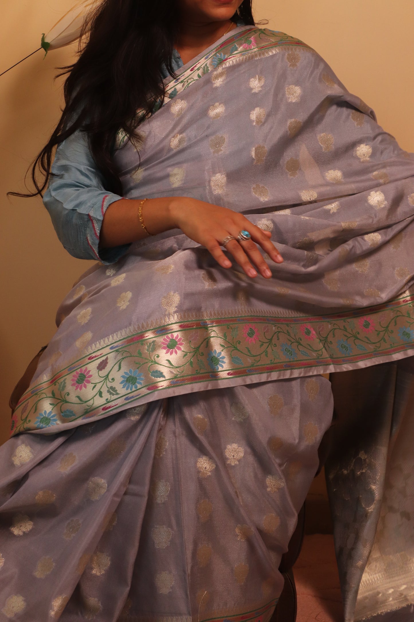 Banarasi Silk Weaved In 2 Inch Buti With Paithani Border - Grey