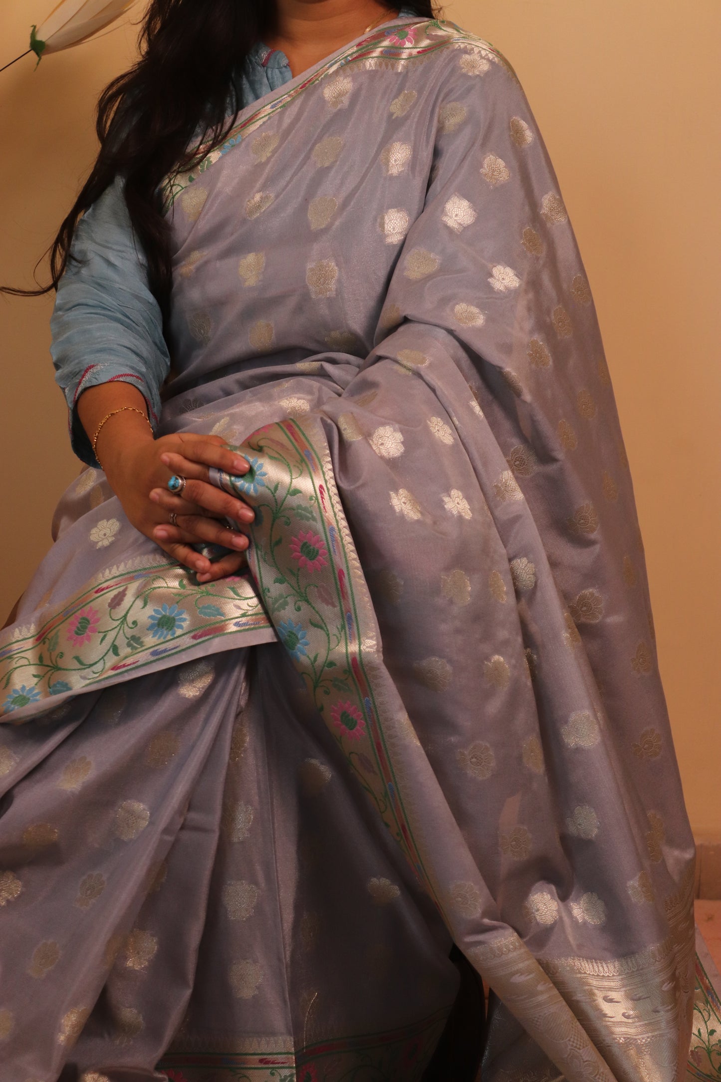 Banarasi Silk Weaved In 2 Inch Buti With Paithani Border - Grey