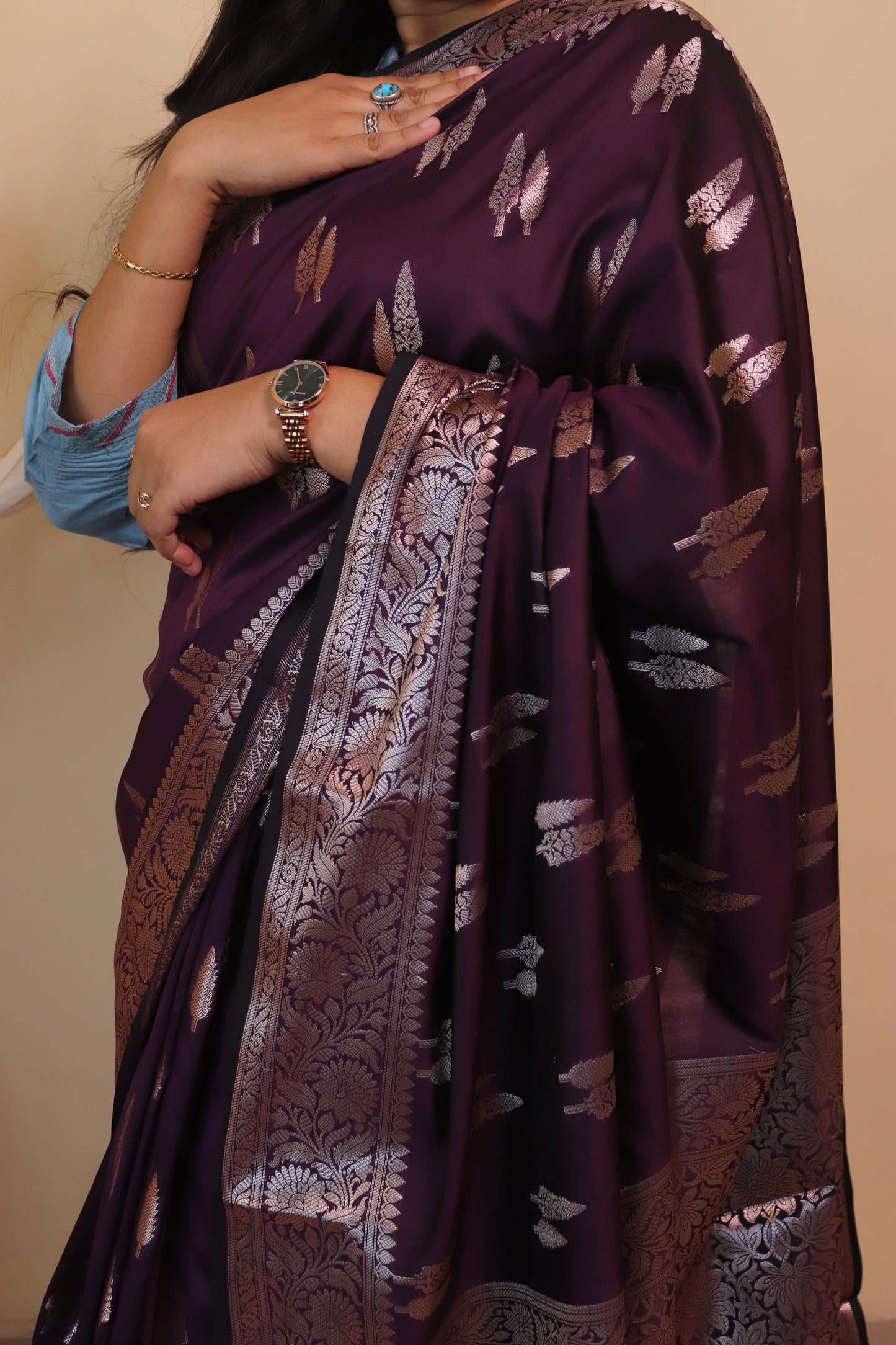 Banarasi Silk Weaved In Double Buti - Brown