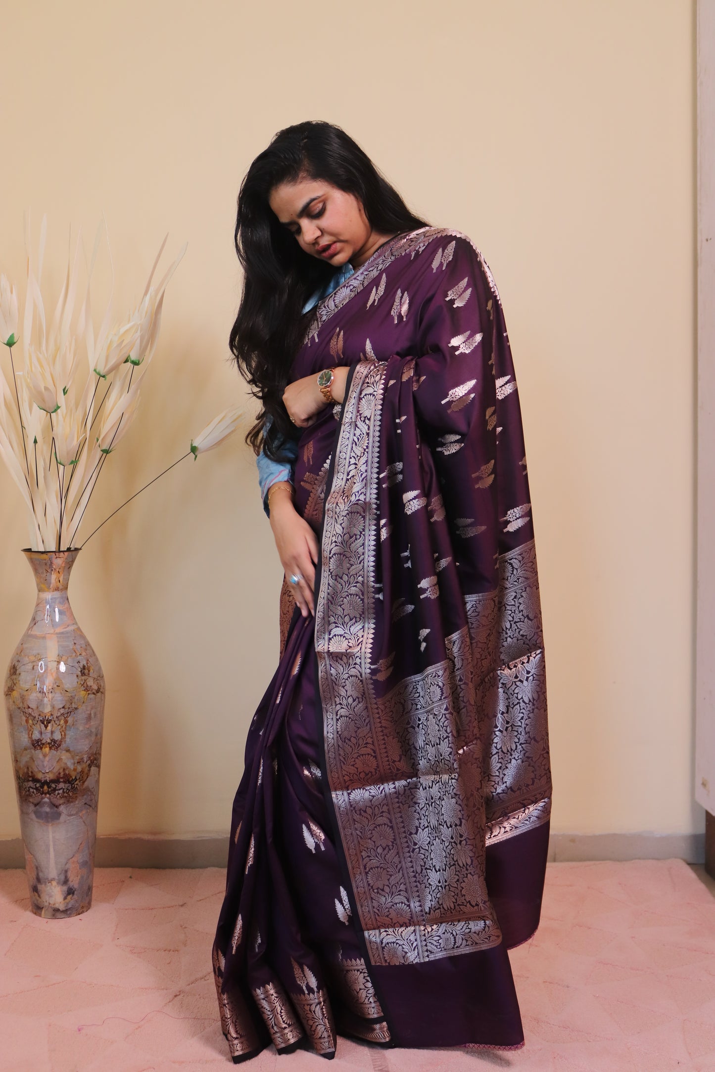 Banarasi Silk Weaved In Double Buti - Brown