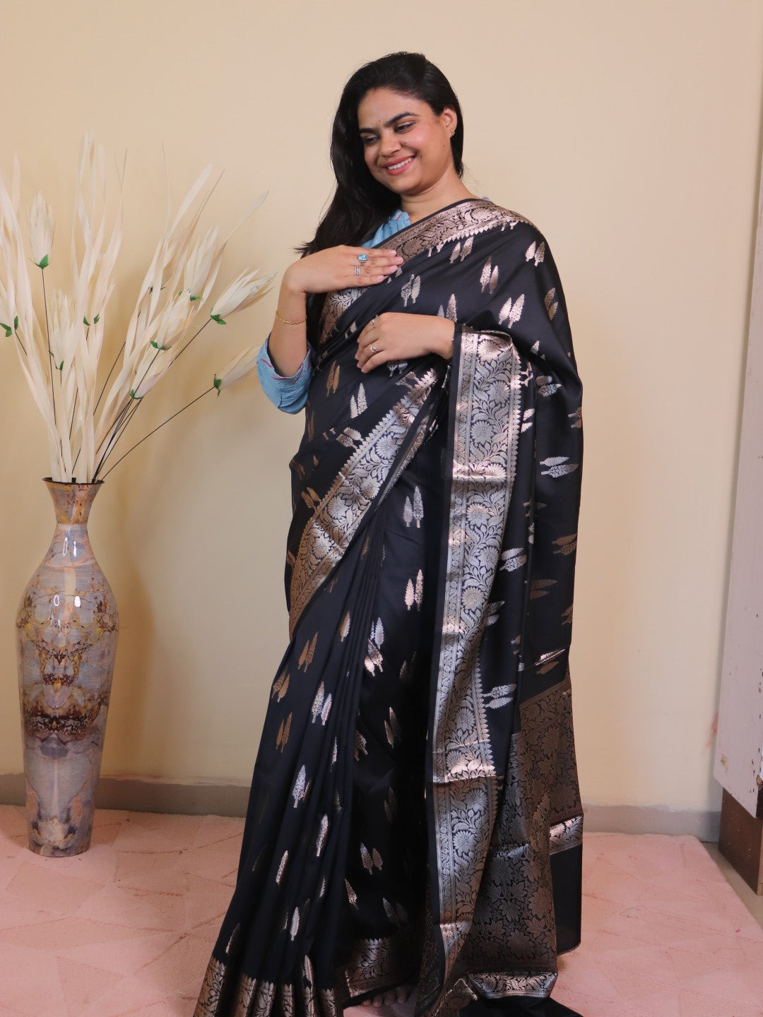 Banarasi Silk Double Buti Weaving - Black