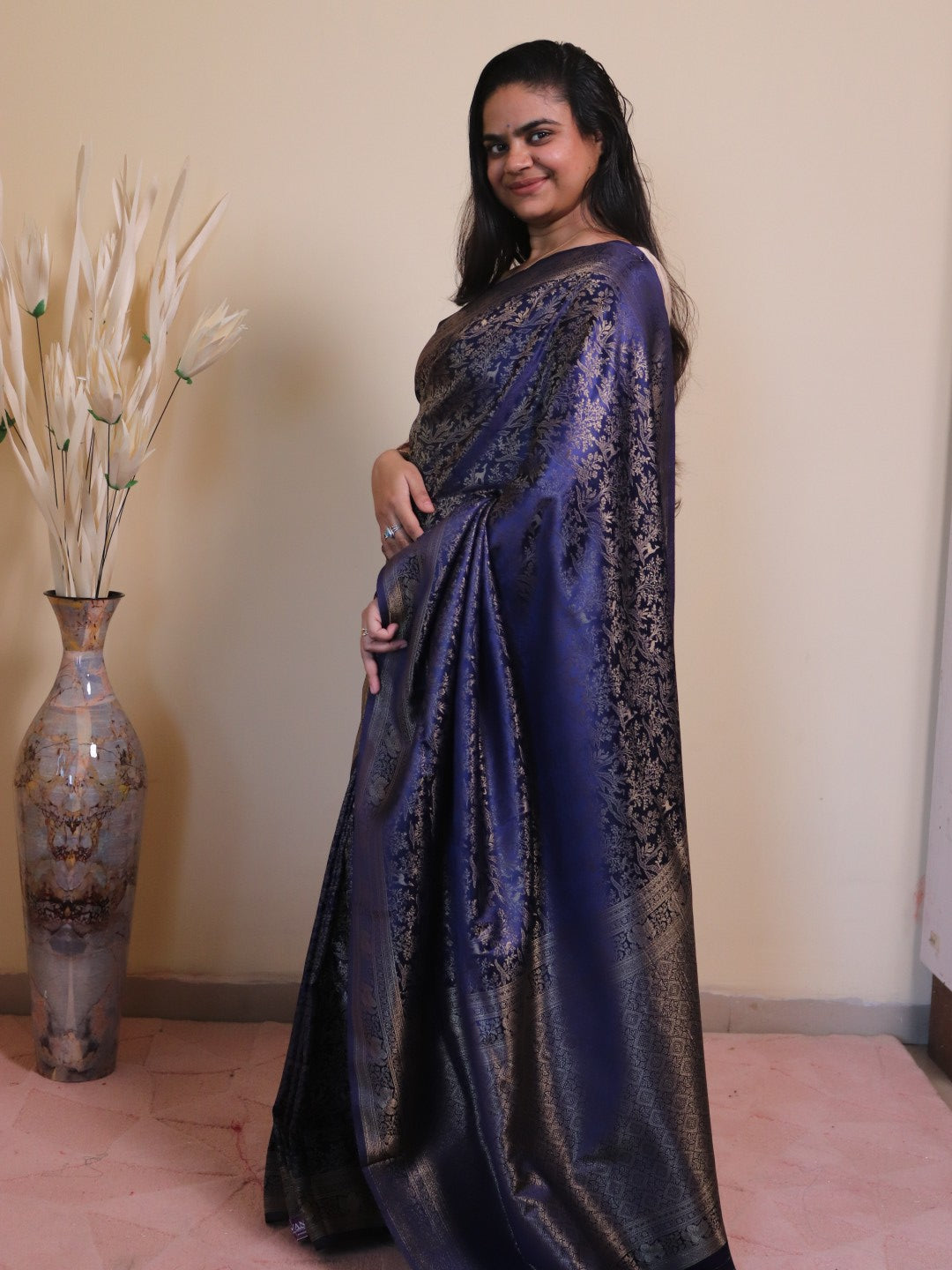 Banarasi Silk Jamawar Saree - Navy Blue