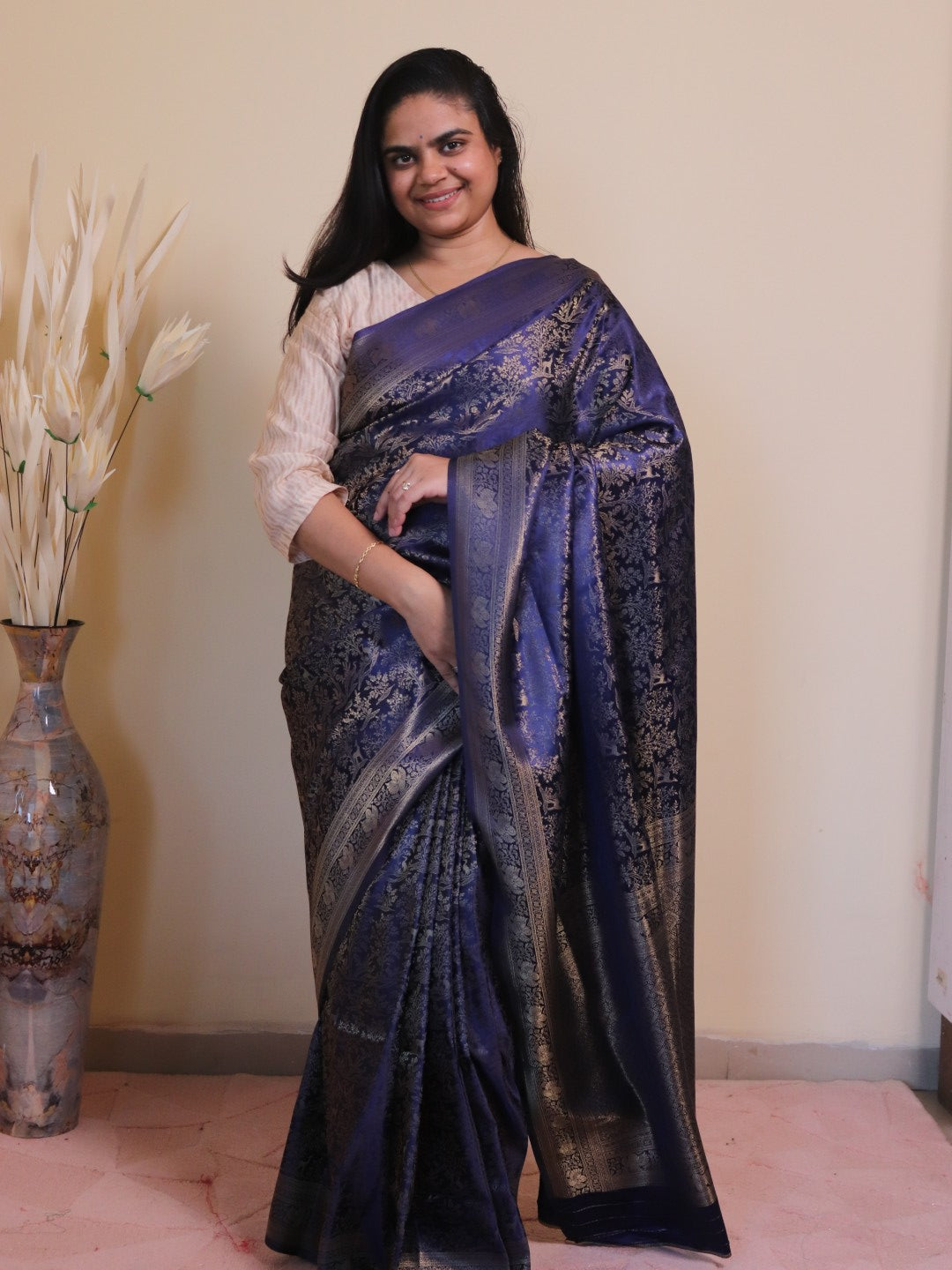 Banarasi Silk Jamawar Saree - Navy Blue