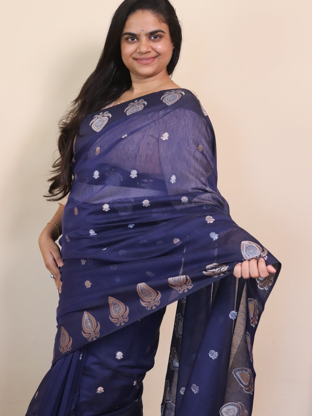 Banarasi Cotton Saree With Sona Rupa Weaving -Navy Blue
