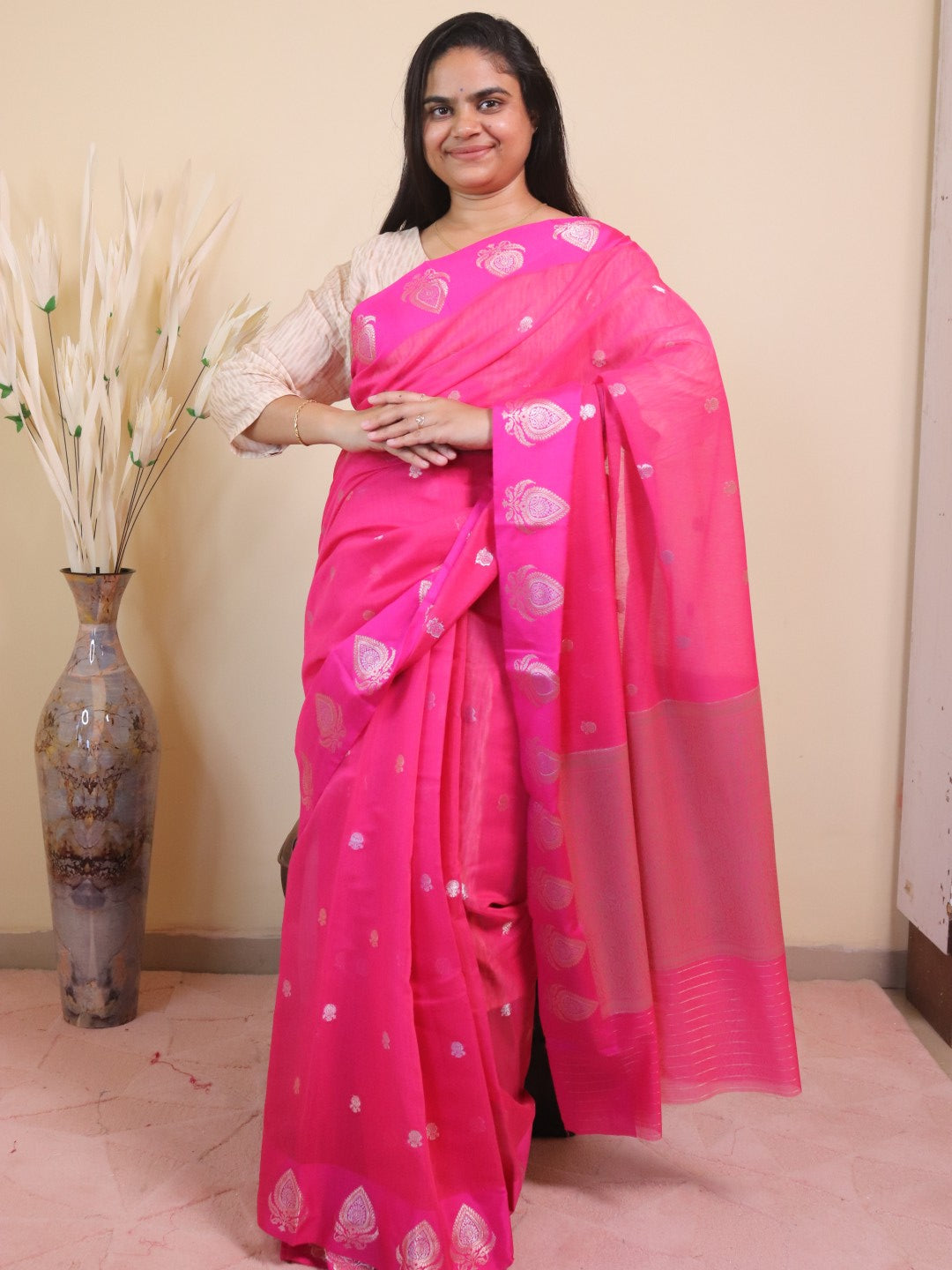 Banarasi Cotton Saree With Sona Rupa Weaving0 Pink