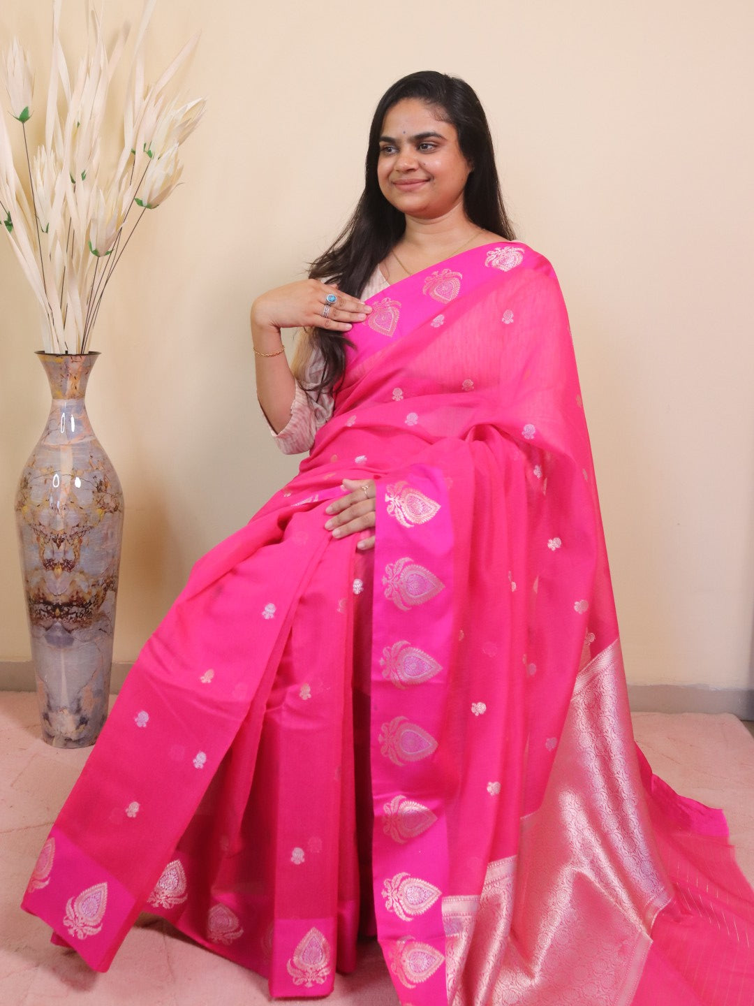 Banarasi Cotton Saree With Sona Rupa Weaving0 Pink