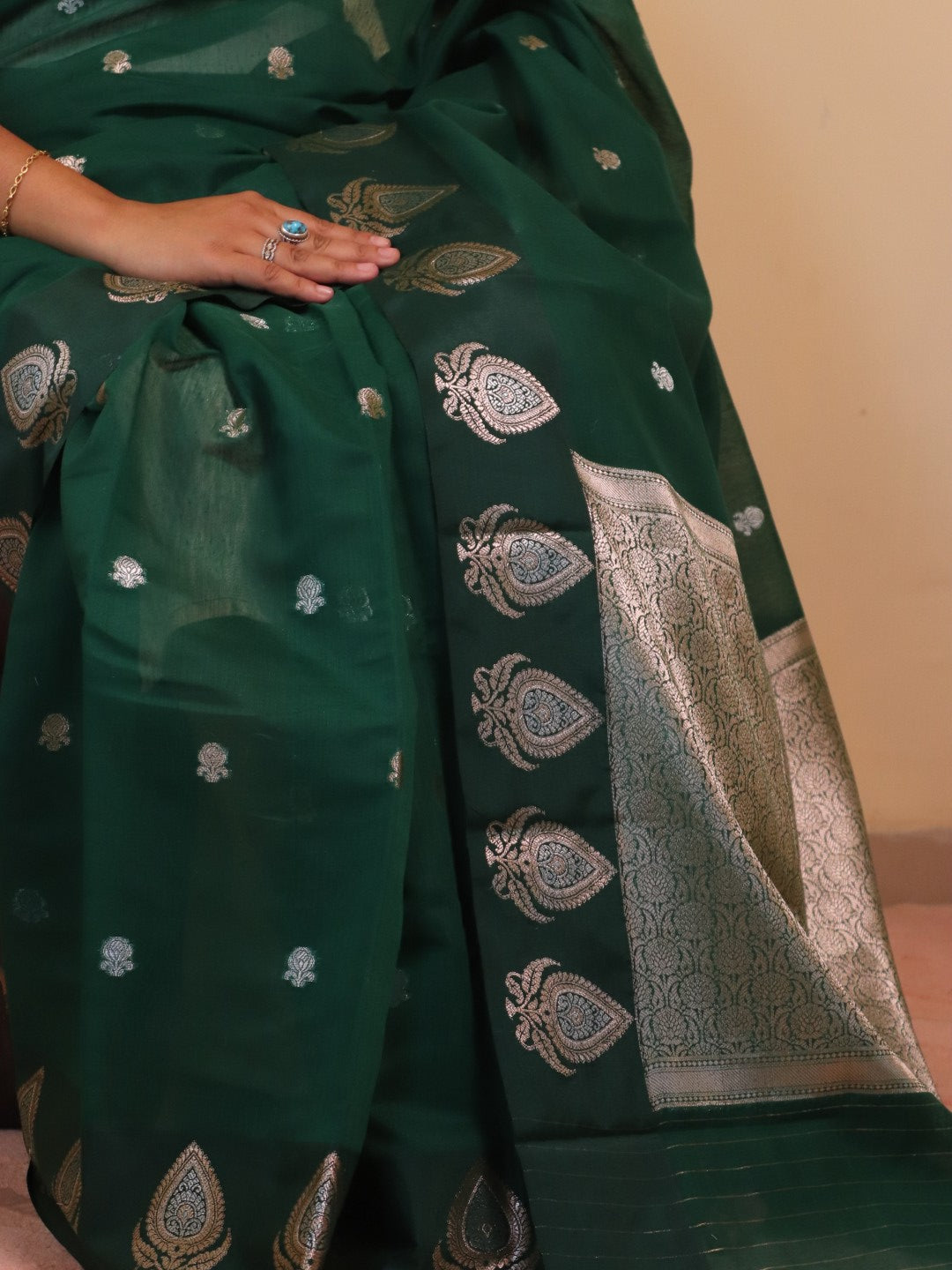Banarasi Cotton Saree With Sona Rupa Weaving - Green