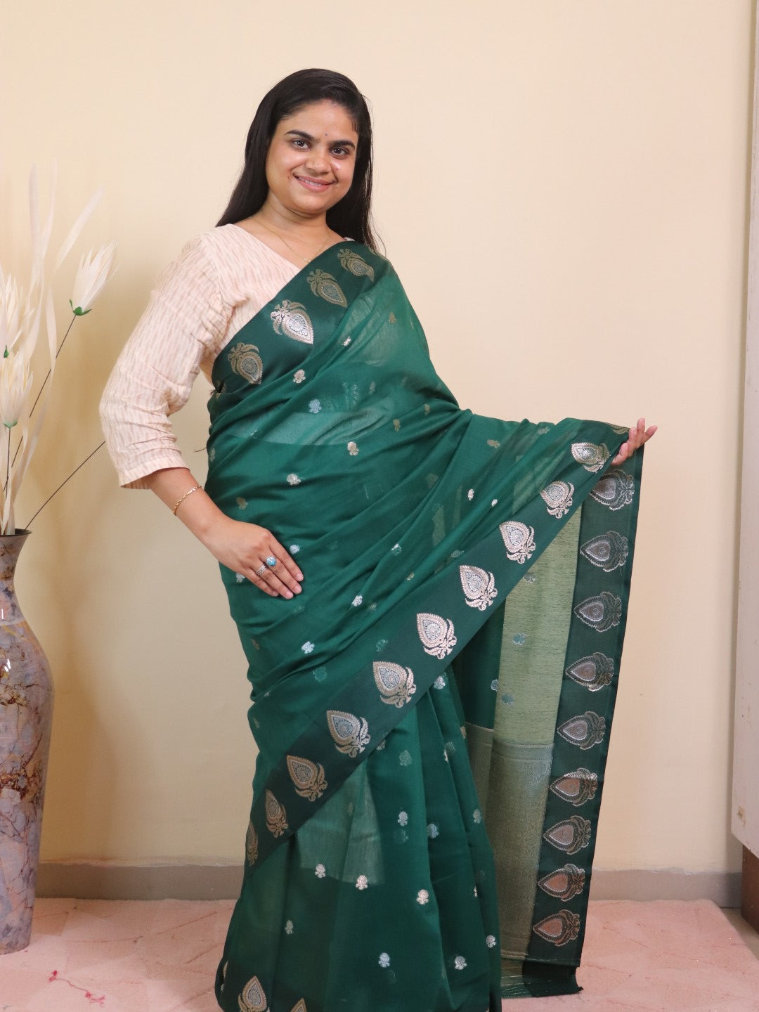 Banarasi Cotton Saree With Sona Rupa Weaving - Green