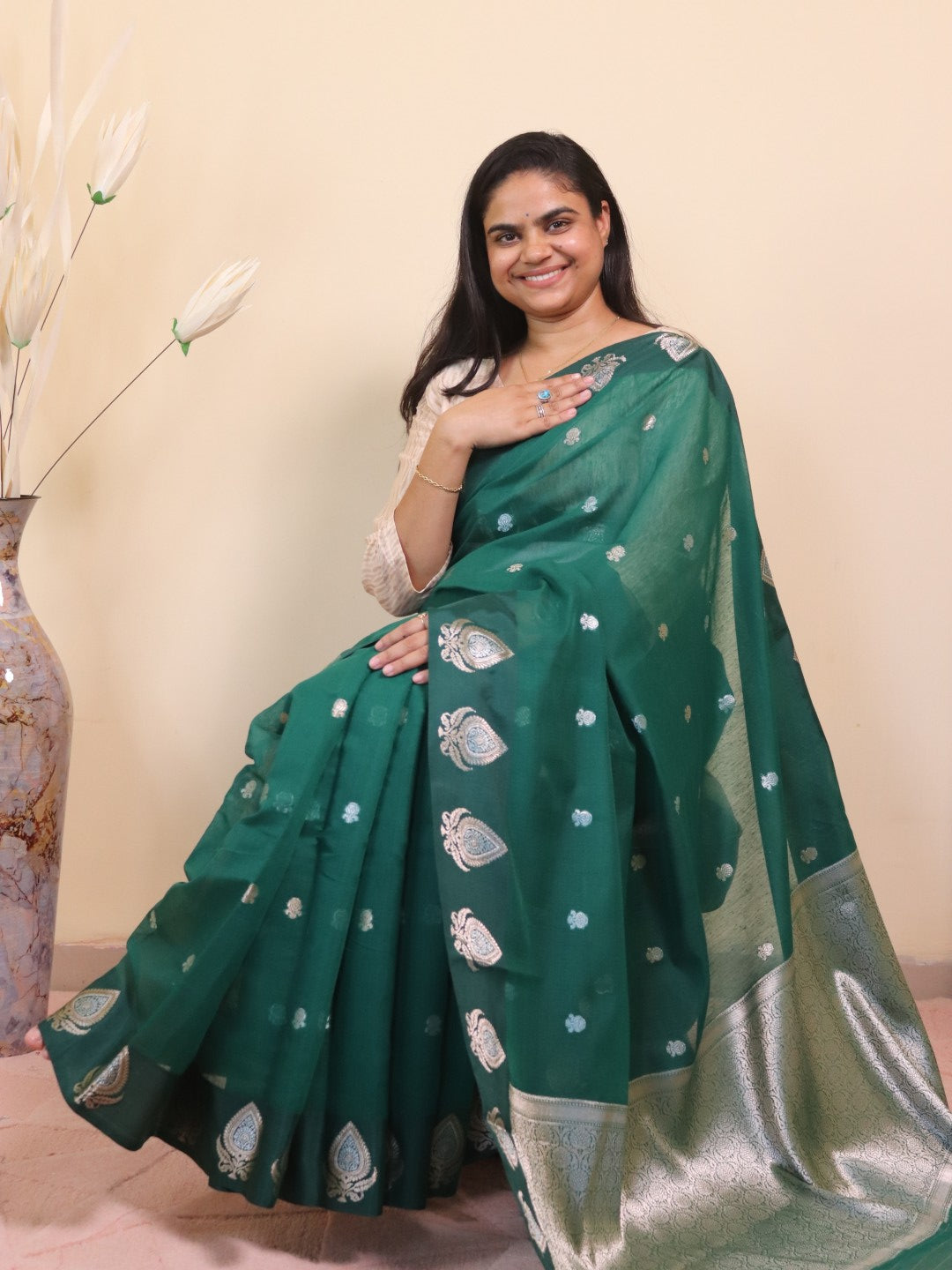Banarasi Cotton Saree With Sona Rupa Weaving - Green