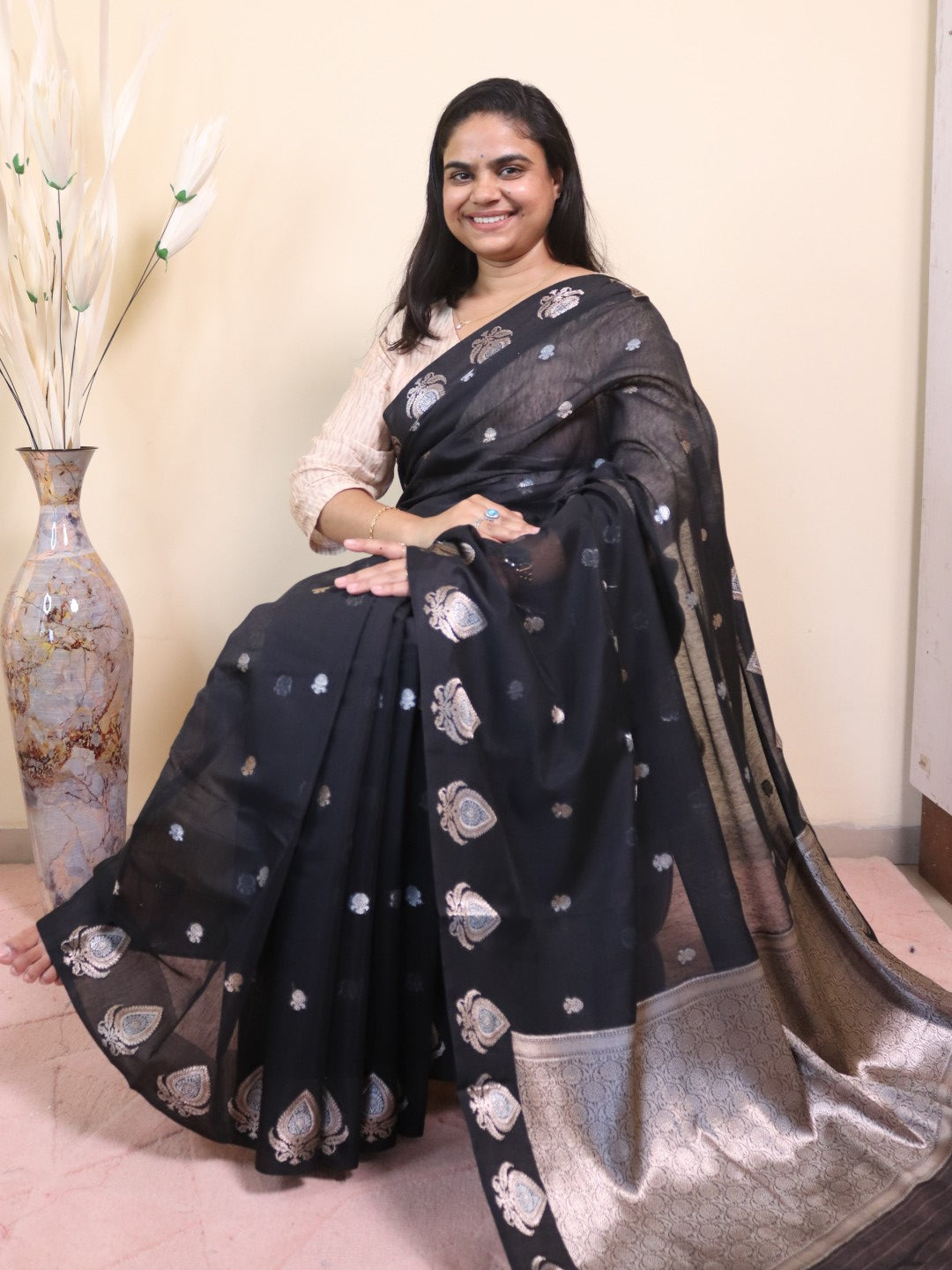 Banarasi Cotton Saree With Sona Rupa Weaving -black