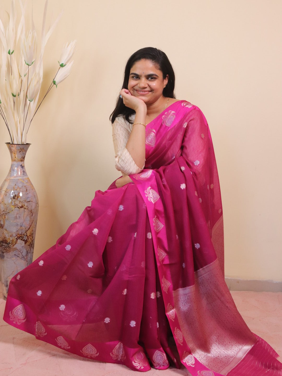 Banarasi Cotton Saree With Sona Rupa Weaving - Pink