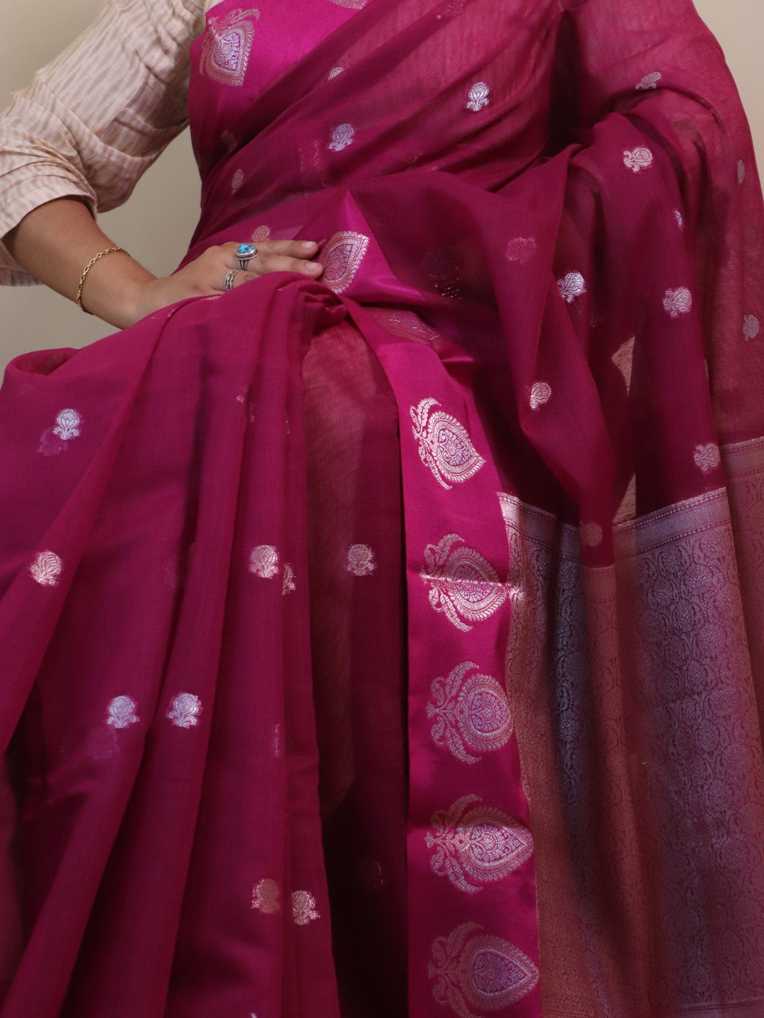 Banarasi Cotton Saree With Sona Rupa Weaving - Pink