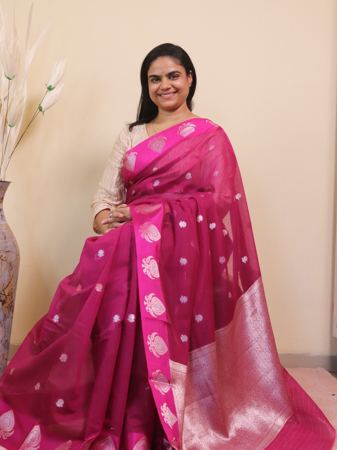 Banarasi Cotton Saree With Sona Rupa Weaving - Pink