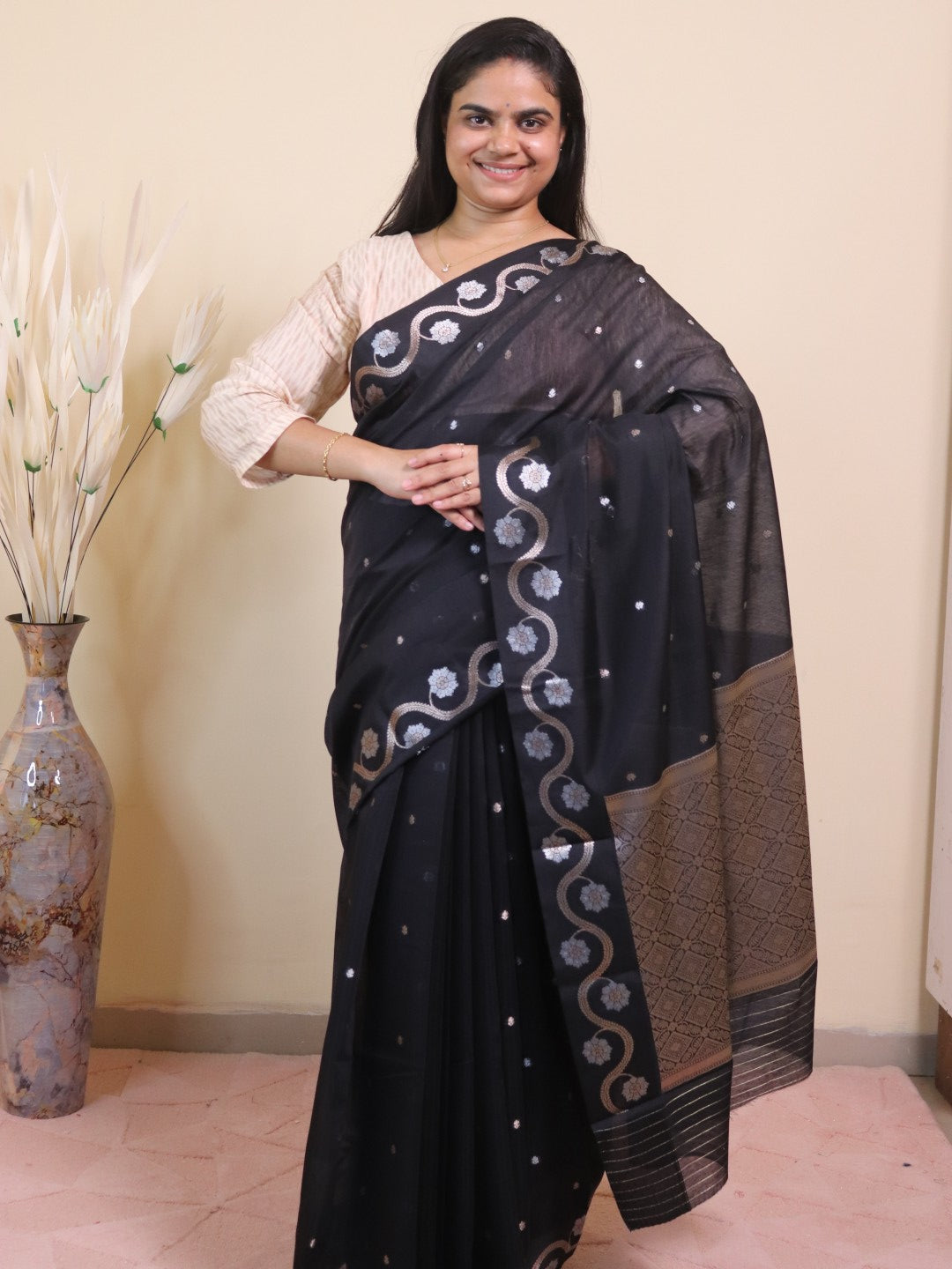 Banarasi Silk Double Buti Weaving - Black