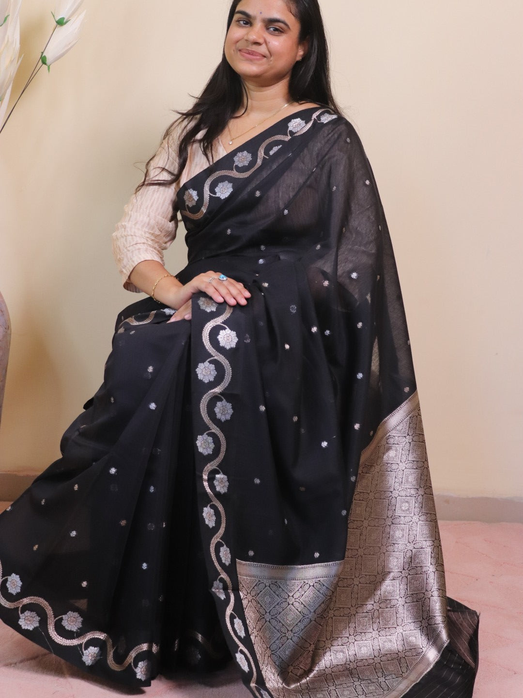 Banarasi Silk Double Buti Weaving - Black