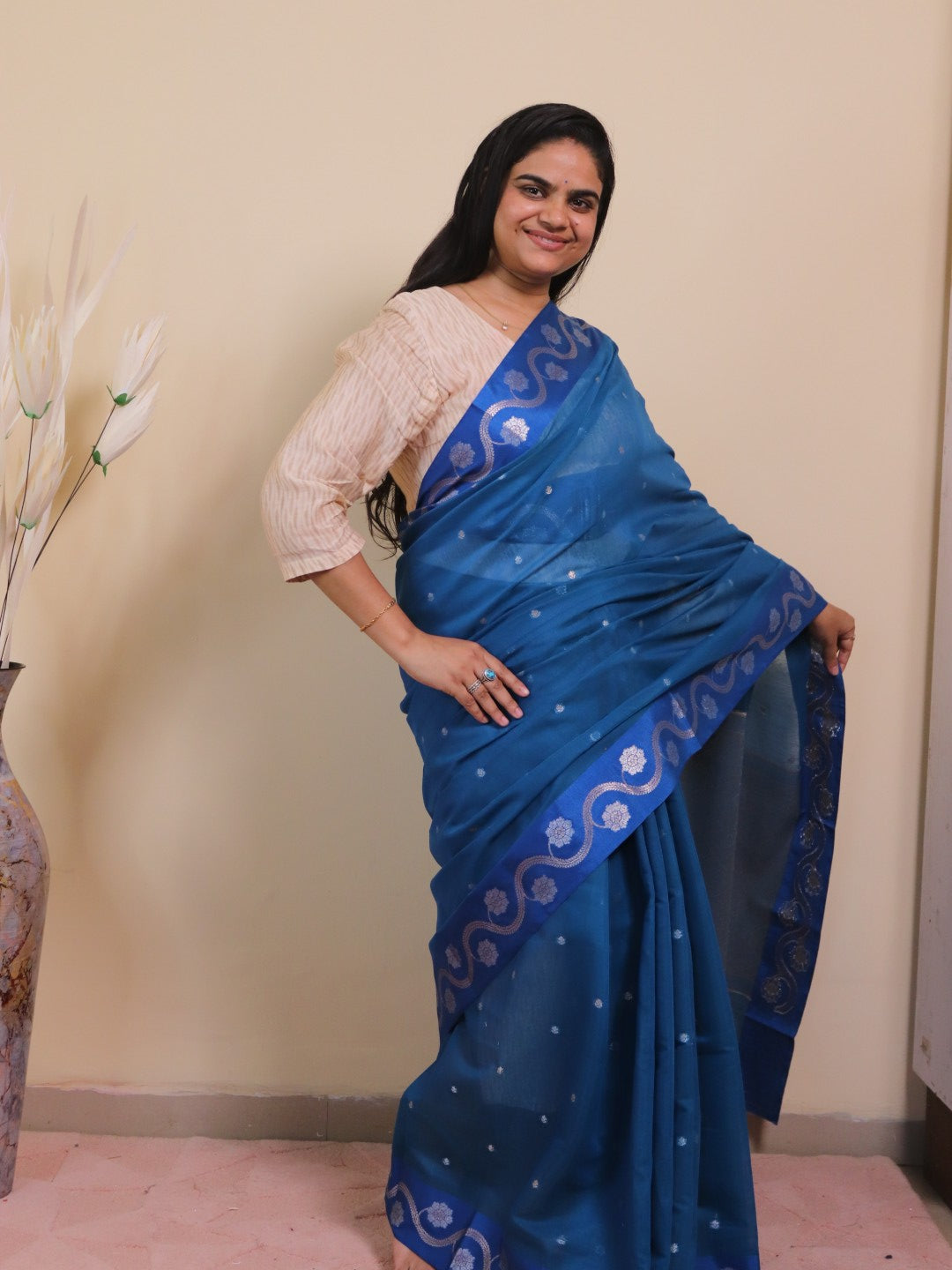 Banarasi Cotton Saree With Sona Rupa Bel Buti Weaving - Blue