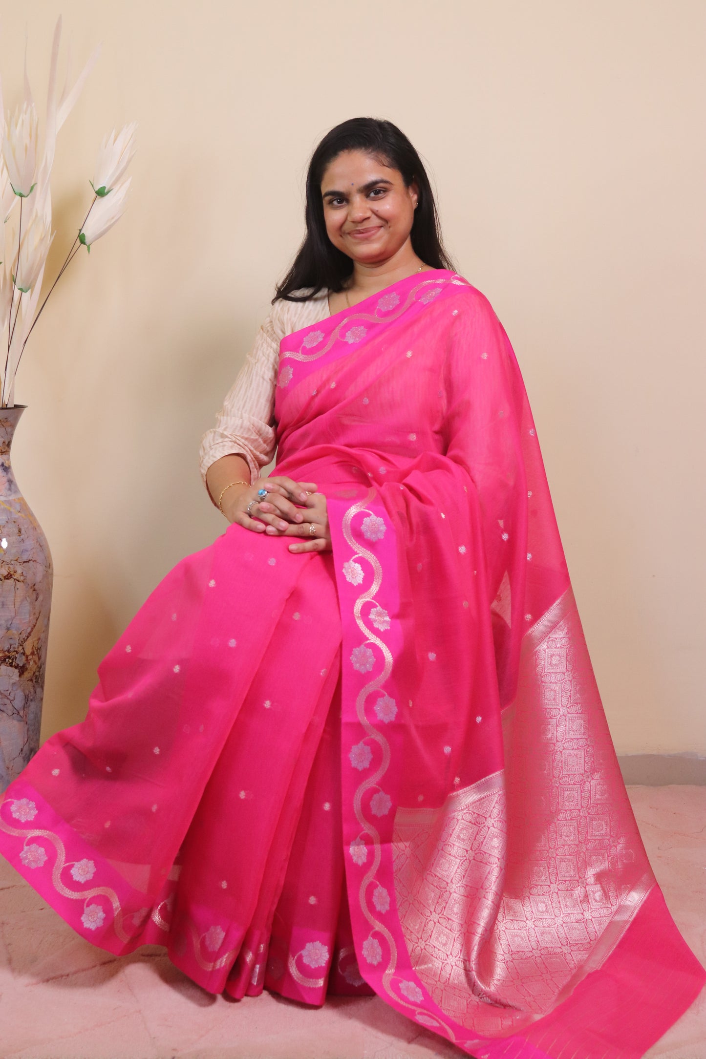 Banarasi Cotton Saree Weaved In Sona Rupa Weaving - Pink