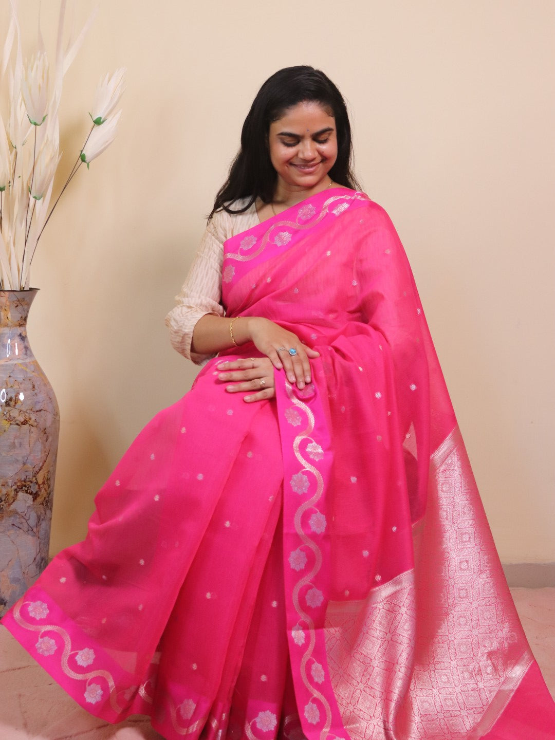 Banarasi Cotton Saree With Sona Rupa Bel Buti Weaving - Pink