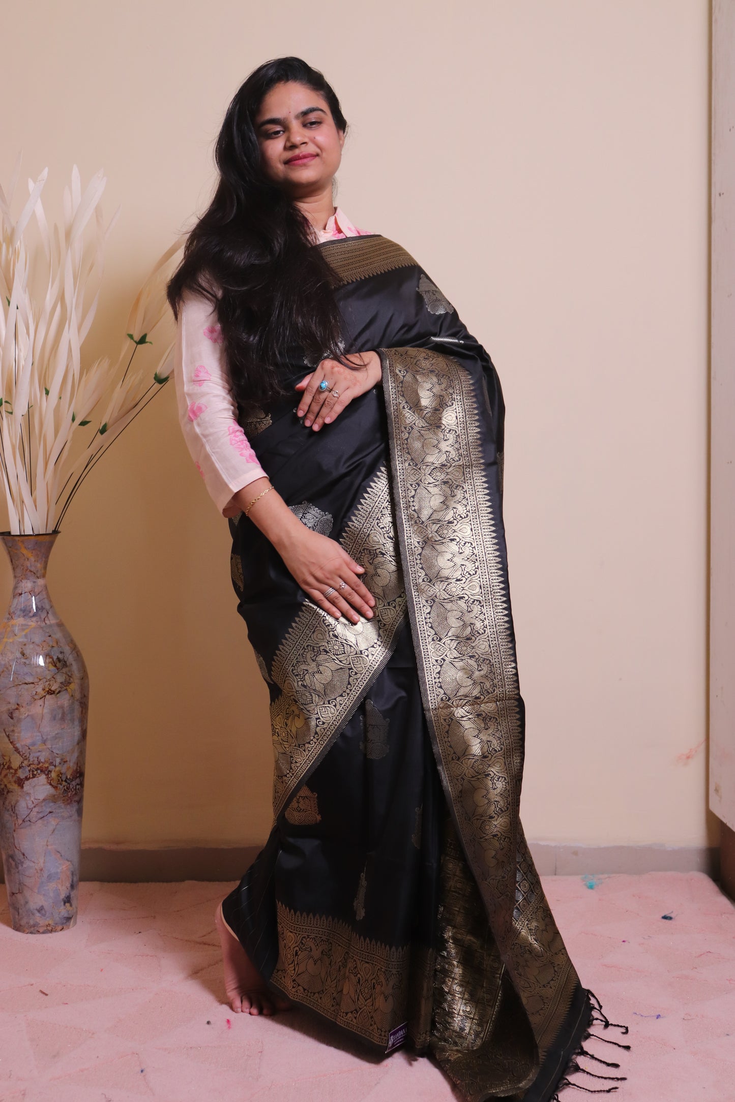 Soft Silk Weaved In Silver And Gold Zari - Black