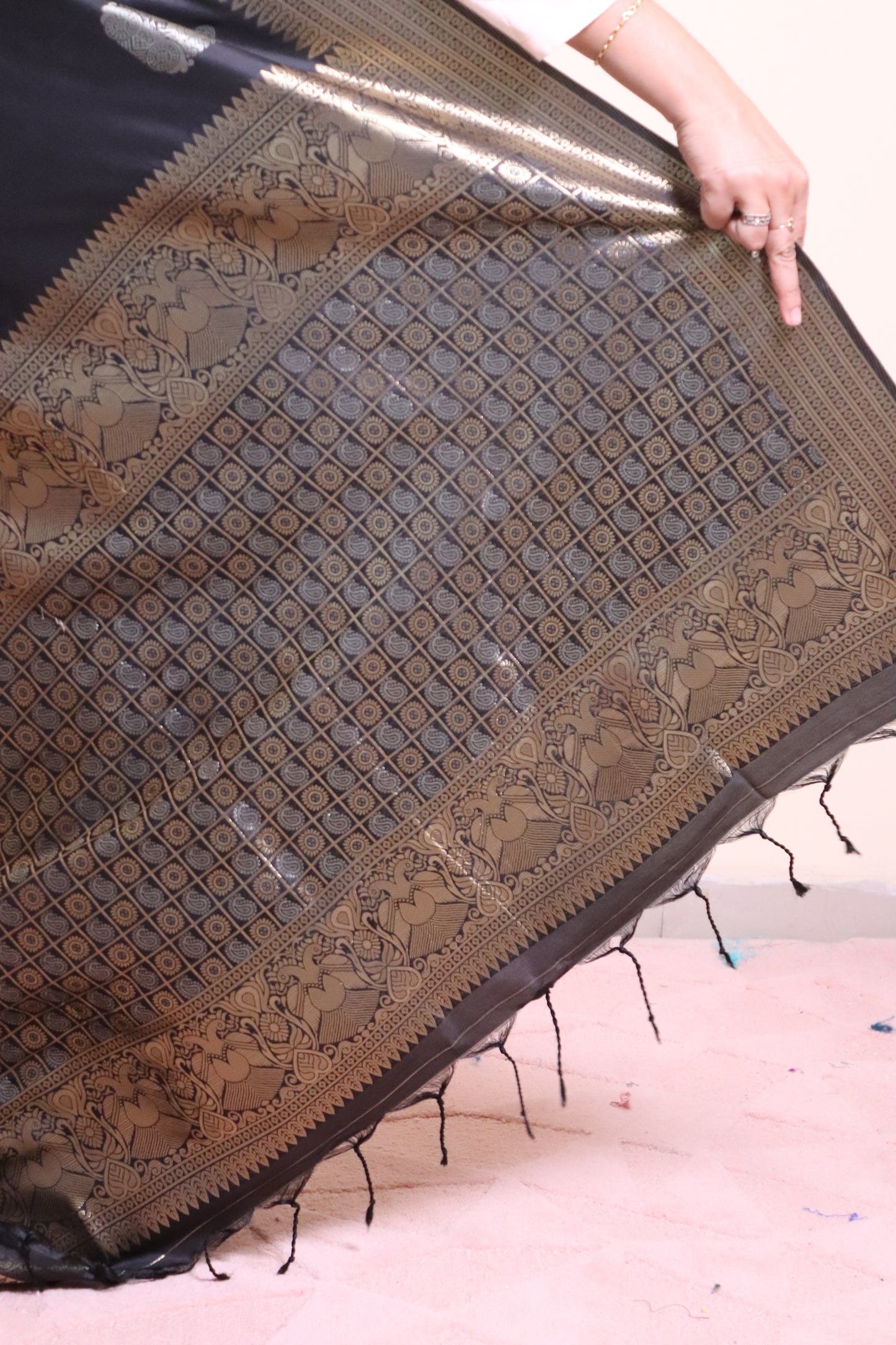 Soft Silk Weaved In Silver And Gold Zari - Black