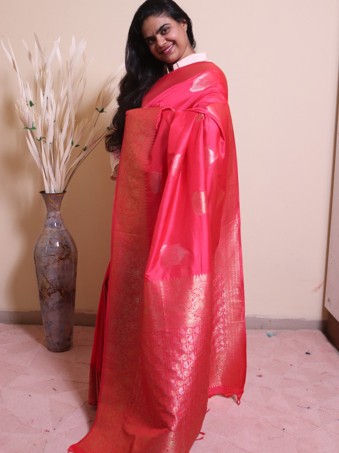 Soft Silk Contrast Border Silver And Gold Zari Weaving - Cherry Red