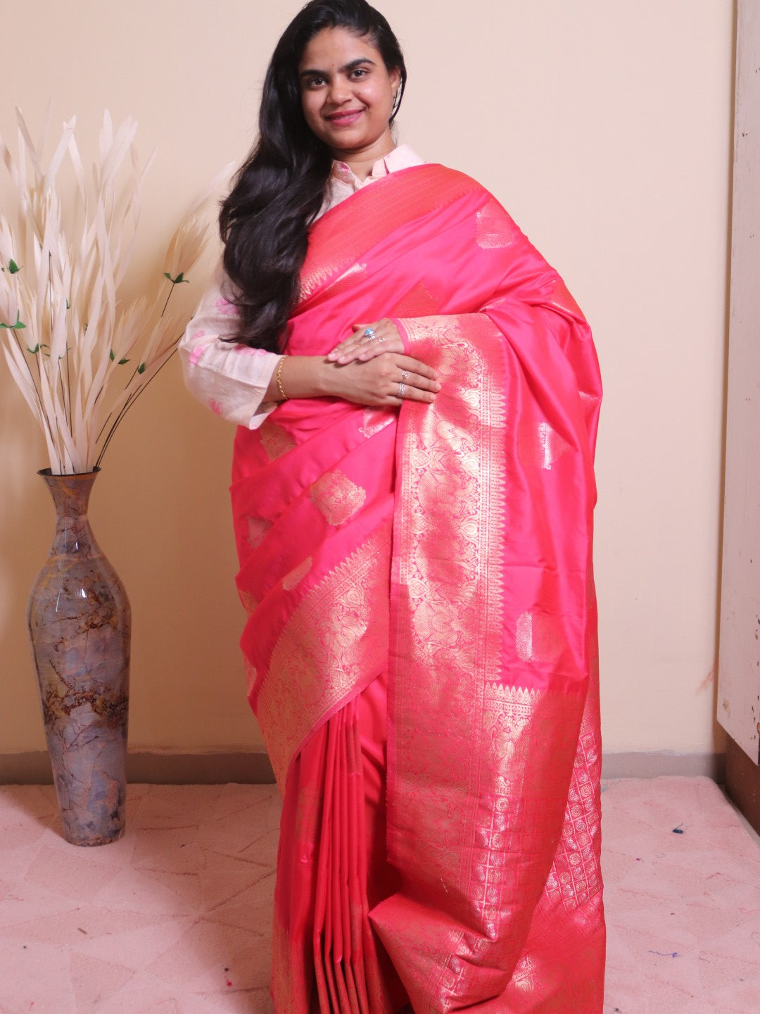 Soft Silk Contrast Border Silver And Gold Zari Weaving - Cherry Red