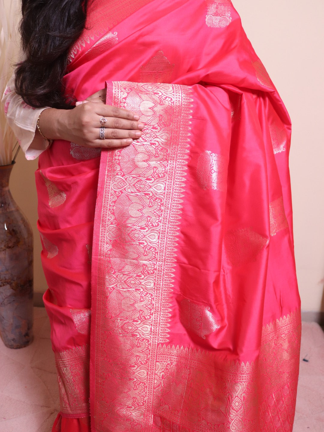 Soft Silk Contrast Border Silver And Gold Zari Weaving - Cherry Red