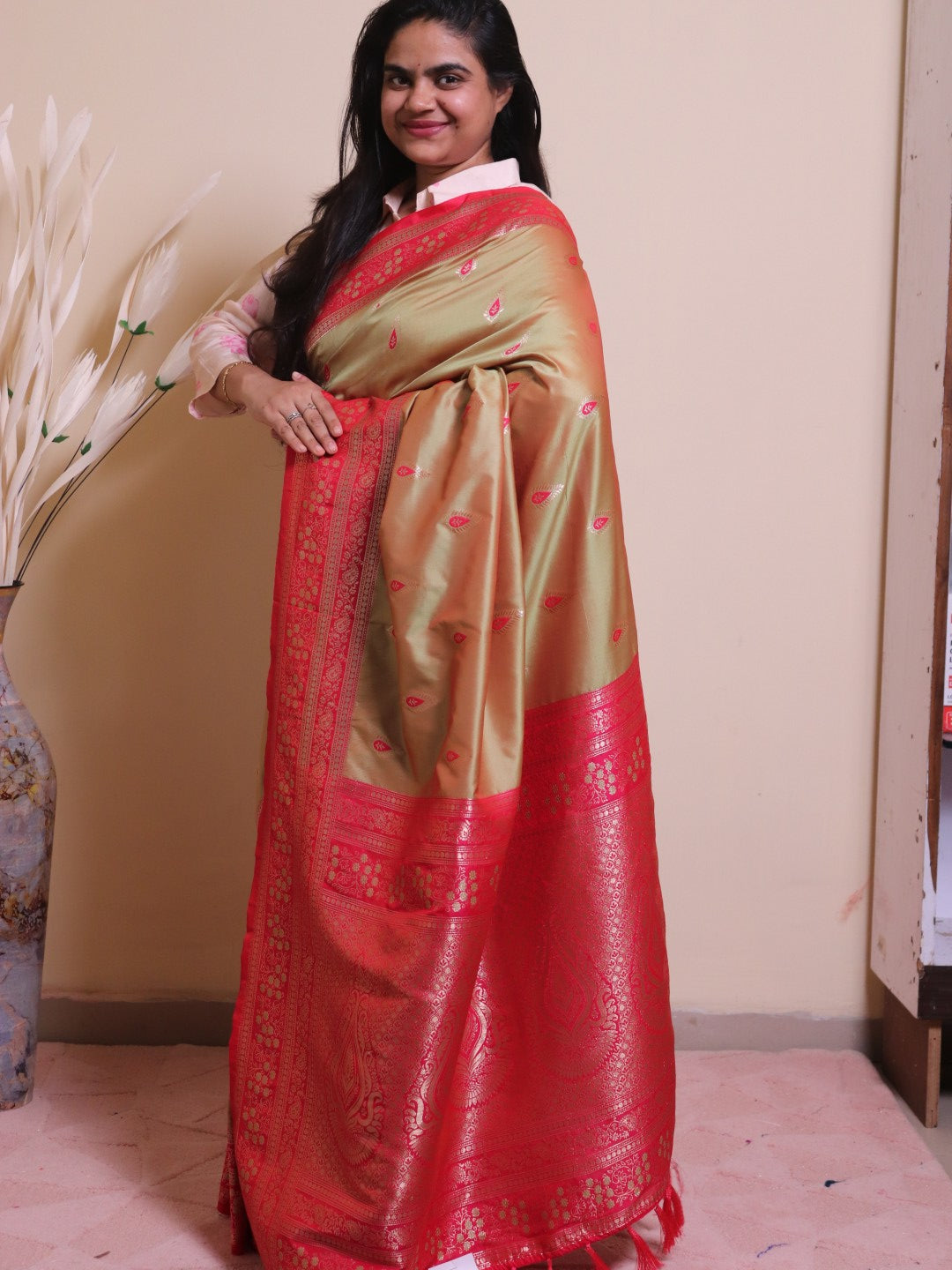 Soft Silk Contrast Border Alfi Buti Weaving - Beige
